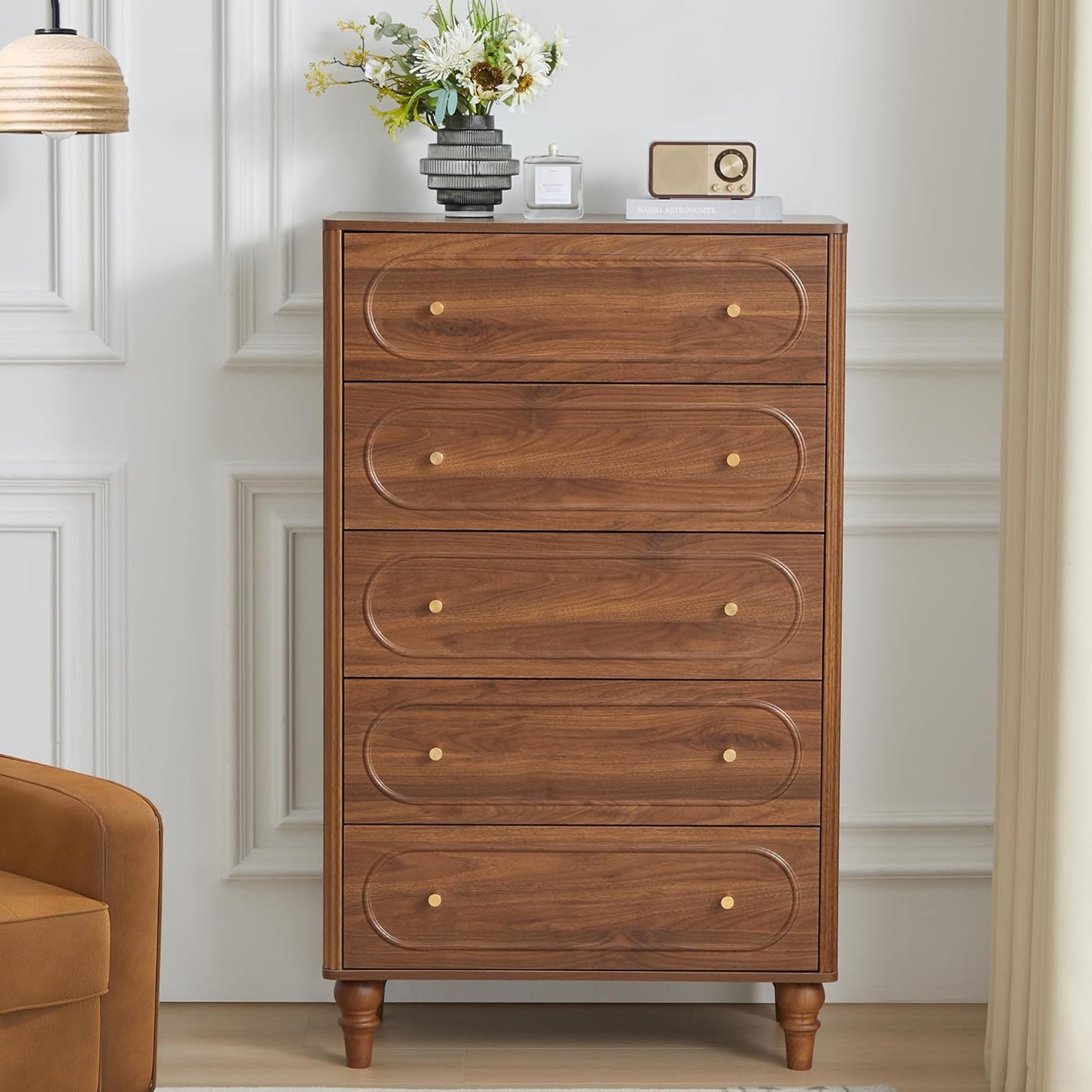 ORRD Fluted 5 Drawer Dresser for Bedroom, Mid Century Modern Chest of Drawers, Wood Storage Large Dresser Organizer for Bedroom Living Room Hallway Closet, Walnut