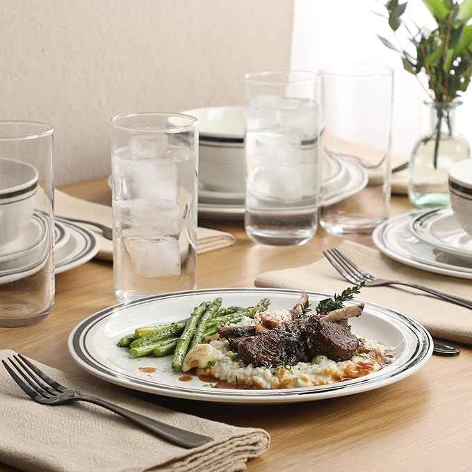 Gibson Home Hometown Diner 12-Piece Porcelain Dinnerware Set, Round Plates and Bowls Set for 4, White with Black Rim, Dishwasher Safe – Dinner Plate, Salad Plate & Cereal Bowl