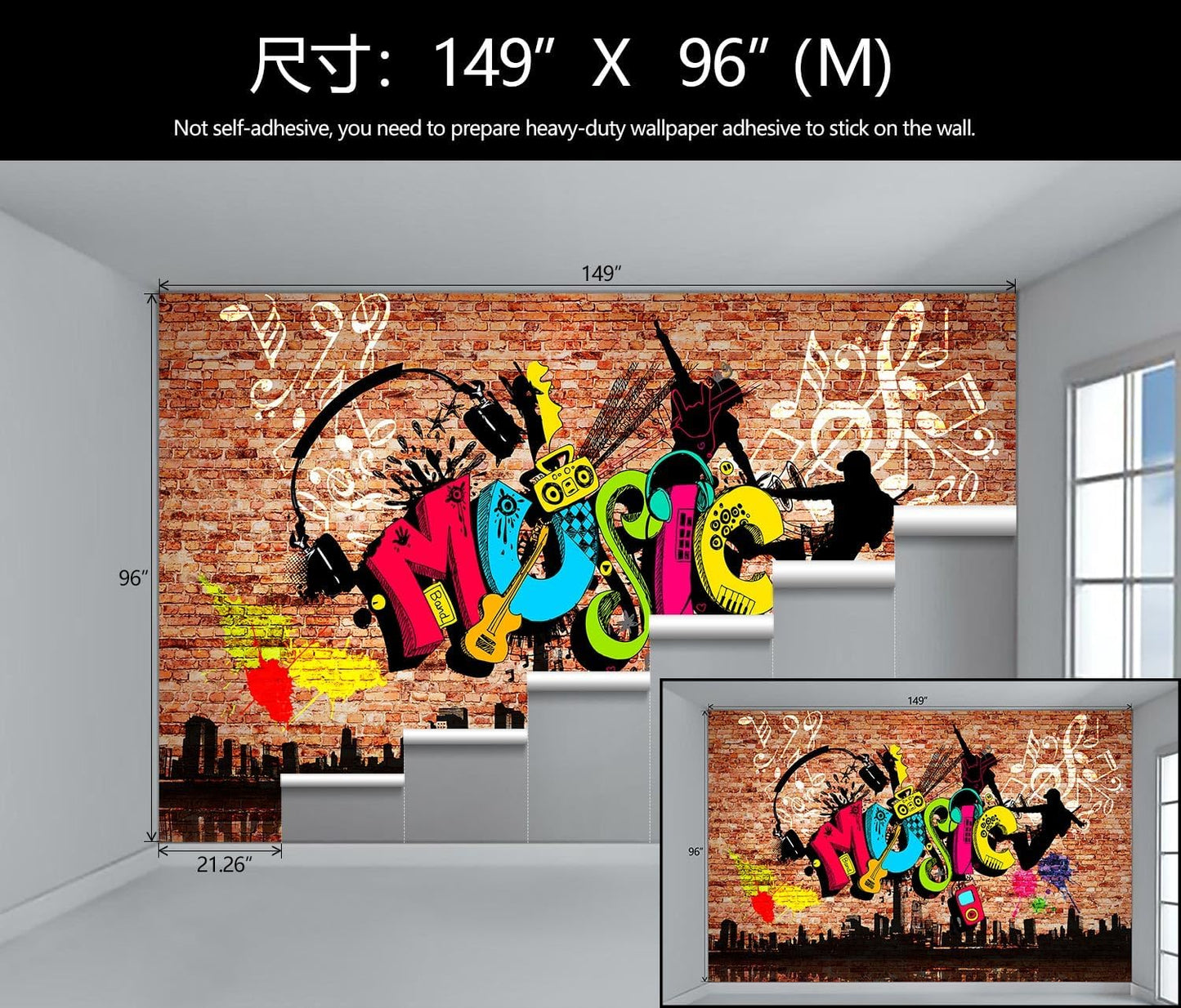 WFBHUA-Music Graffiti Wallpaper Abstract City Brick Wall Hip-hop Murals for Bar Ktv Industrial Background (Not Peel and Stick)