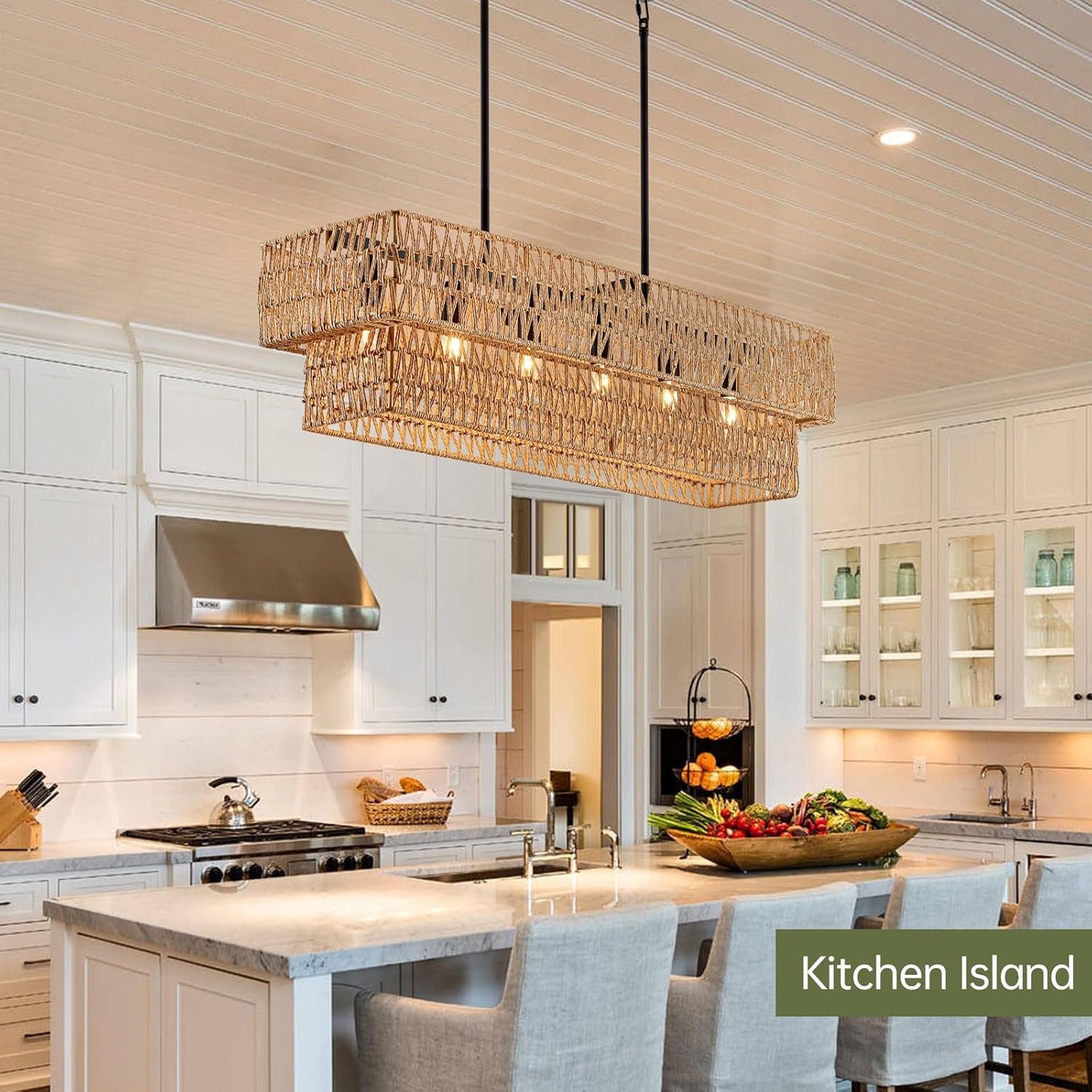 6-Light Boho Rattan Chandeliers for Dining Room, 2 Layer Large Linear Chandelier Rattan Pendant Light Fixture Farmhouse 34” Rectangle Chandelier for Kitchen Island Bar Living Room