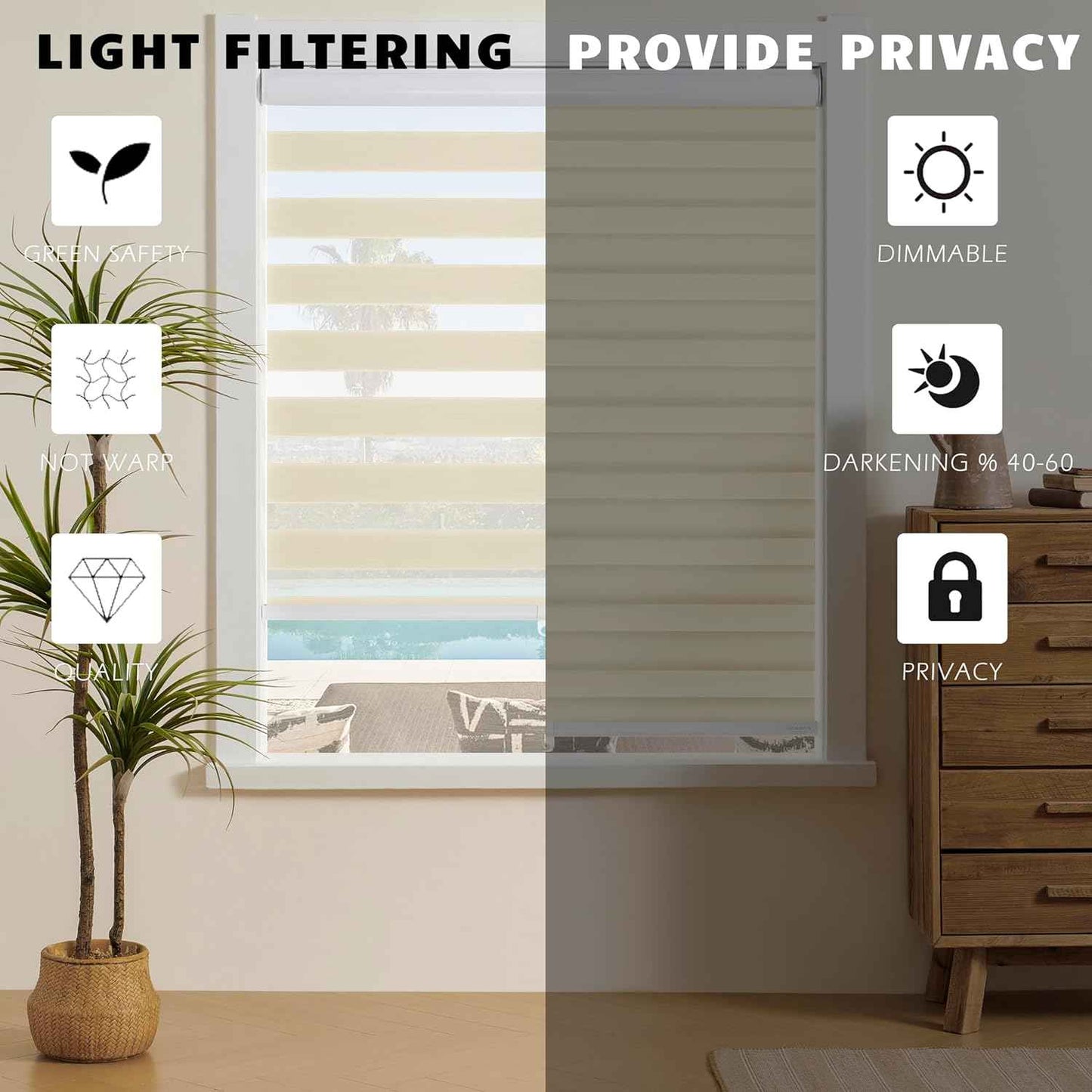 Cordless Zebra Blinds for Indoor Windows Free-Stop Zebra Shades Dual Layer Light Filtering Sheer Shades Roller Window Blinds for Home (27" W X 72" H, Cream)