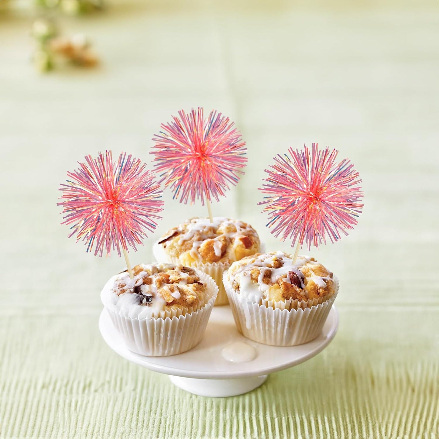 Ephlyn 30Pcs Foil Firework Cupcake Toppers Sparkle Tinsel Cupcake Picks Happy Birthday Cake Decorations Drink Stirrers Cocktail Food Fruit Toothpicks for Baby Shower Graduation Party Supplies Orange