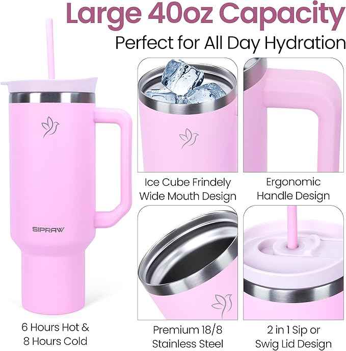 40oz Tumbler with Handle and Straw Insulated Stainless Steel Travel Mug Vacuum Double Wall Coffee Cup Leak Resistant Lid BPA-Free Cup Holder Friendly for Hot & Cold Drinks, Pink
