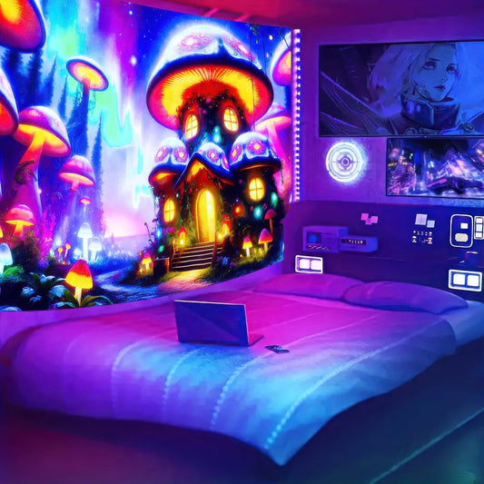 BlissYard Black Light Tapestry Uv Reactive Tapestry Glow Tapestry 78x59 Inches Enchanted Mushroom Village Wall Hanging, Fluorescent Art Decor with Glowing Mushrooms, Forest, and Fantasy Elements