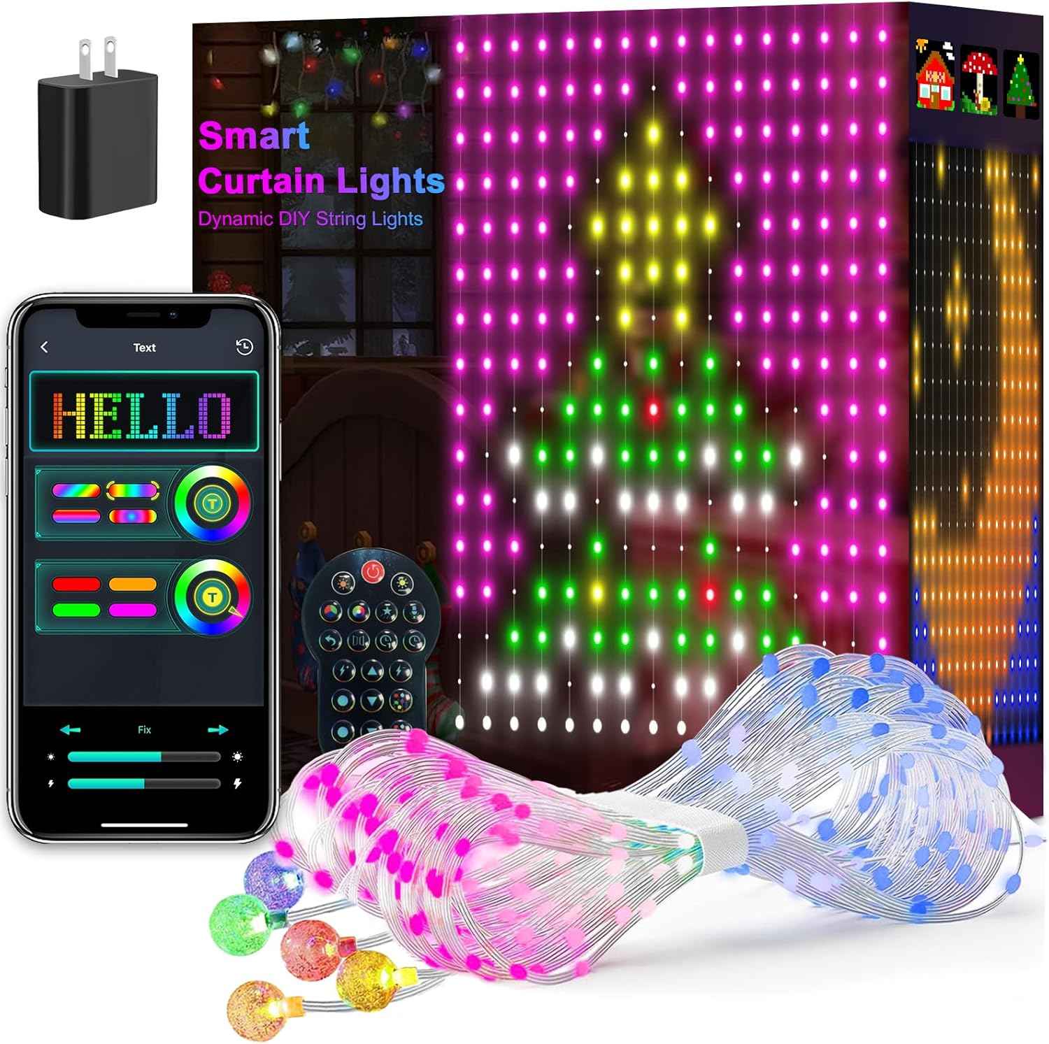 Curtain Lights,Smart LED Color Changing Wall Lights with APP&Remote,Dynamic DIY GIF Christmas String Fairy Lights for Kids Bedroom Living Room Holiday Decor,Outdoor IP65 Waterproof,5.25x5.25ft