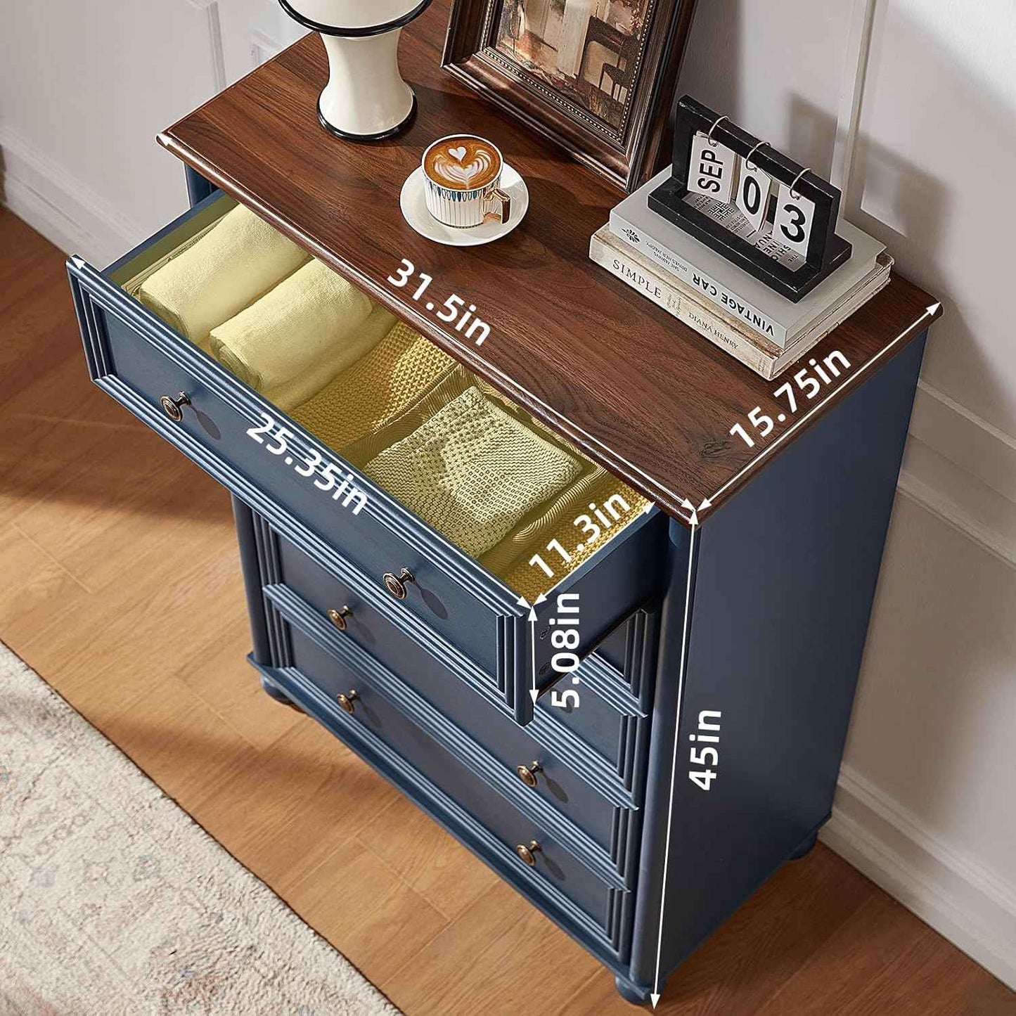 Farmhouse 5 Drawers Dresser for Bedroom, Wood 45" Tall Chest of Drawers, Dresser Rustic Storage Dressers Organizer with Metal Handle Closet for Living Room, Hallway Entryway
