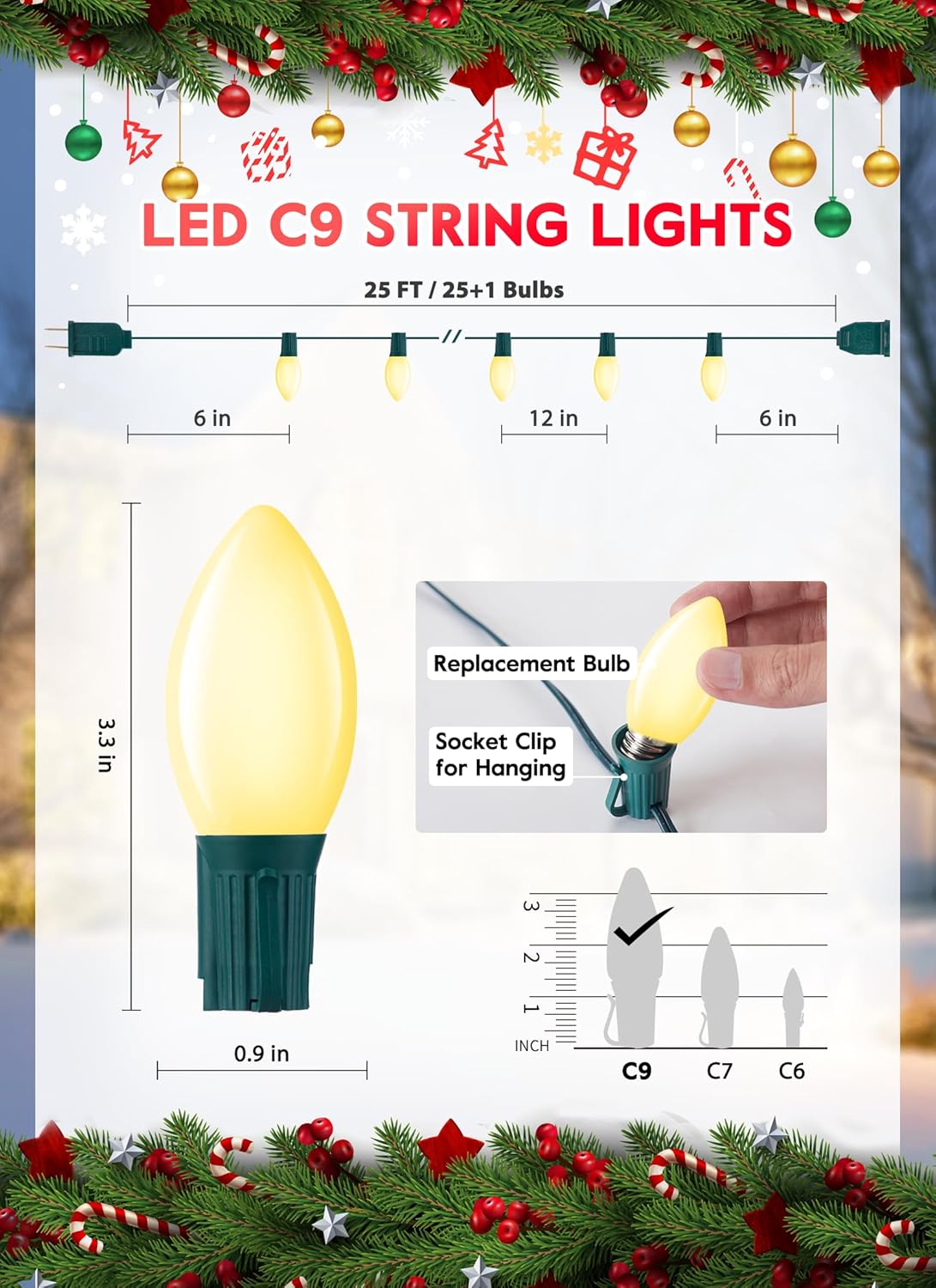 Vintage C9 LED Christmas Lights Outdoor, 25 Feet C9 String Lights with 25 Shatterproof Matte Bulbs, Connectable Waterproof Lights for Holiday Party Roofline Backyard Garden Patio, Warm White