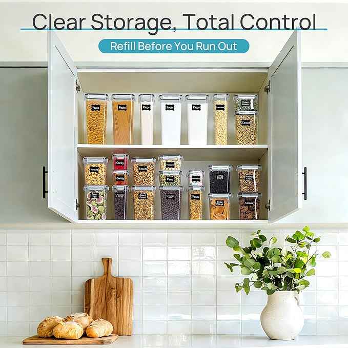 Airtight Food Storage Containers with Lids, Vtopmart 24 pcs Plastic Kitchen and Pantry Organization Canisters for Cereal, Dry Food, Flour and Sugar, BPA Free, Includes 24 Labels，Black