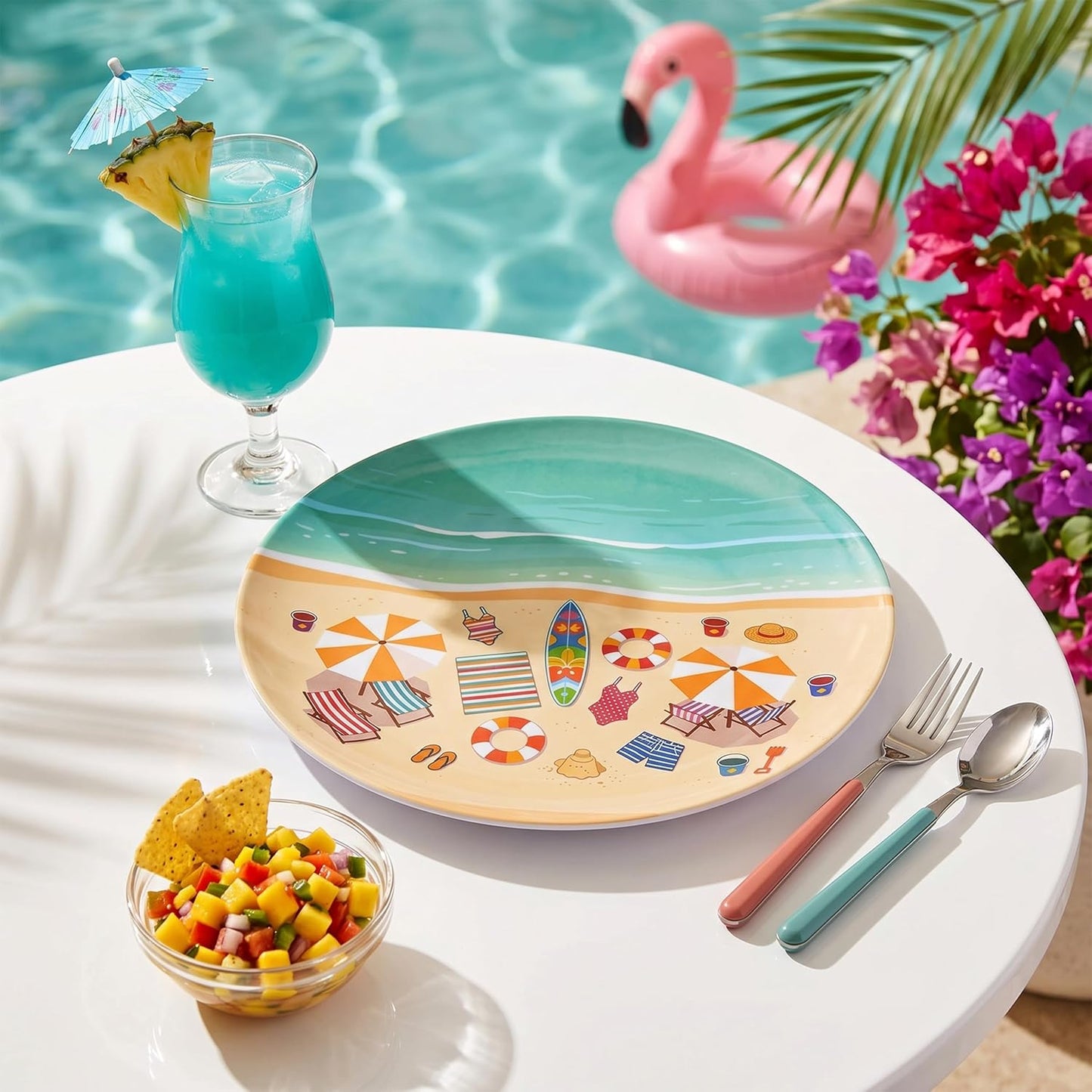 Melamine Plates Set of 6, 10-Inch Unbreakable Melamine Dishes, Reusable Dinner Plates Set, Dishwasher Safe Outdoor Dinnerware for for Poolside, Picnic, RV,Camping Party（Summer Beach ）