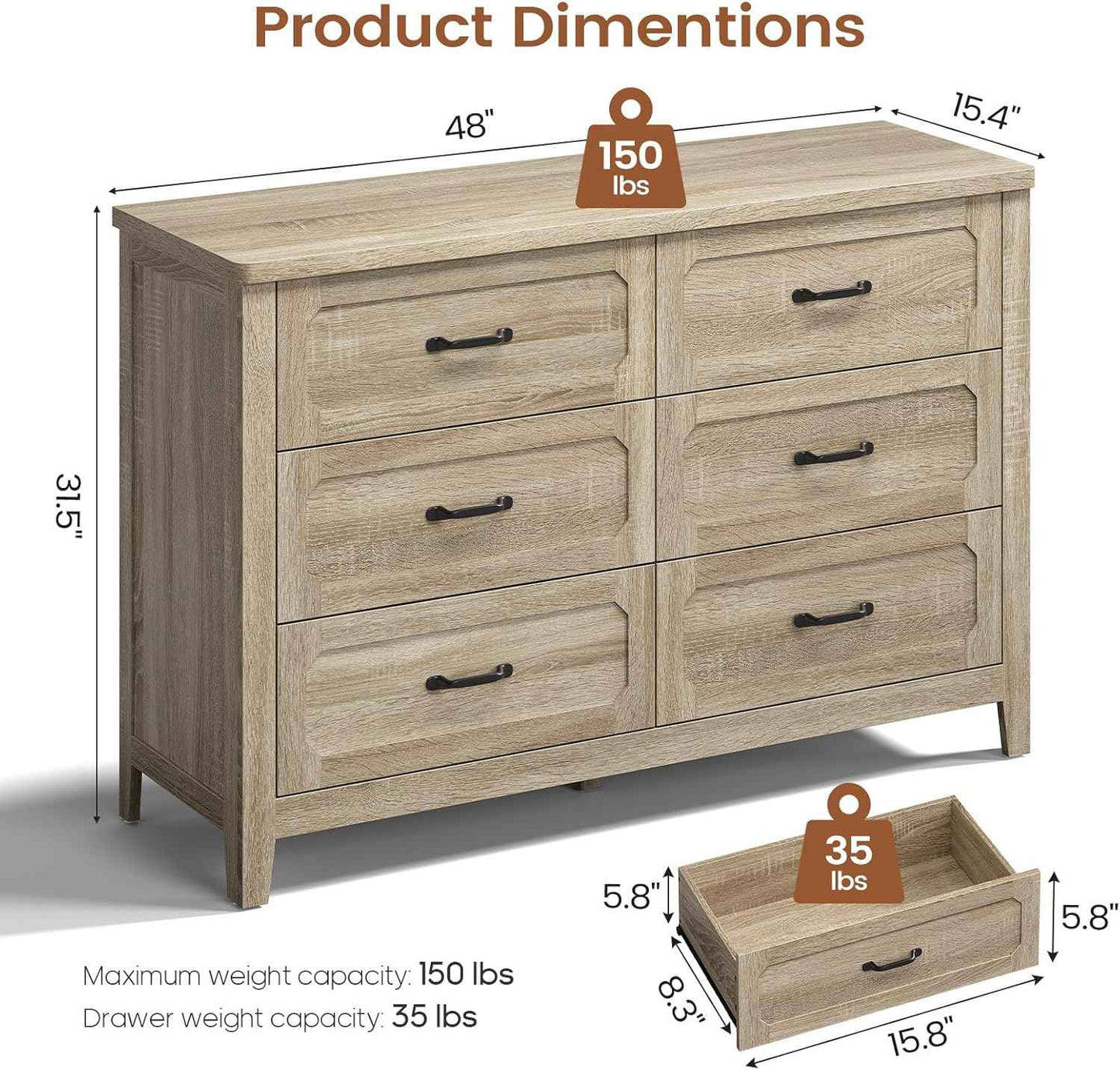Farmhouse 6 Drawer Dresser for Bedroom, 48'' Wide Chest of Drawers with Metal Handles, Wood Dresser TV Stand, Rustic Storage Organizer for Closet, Living Room, Grey Oak