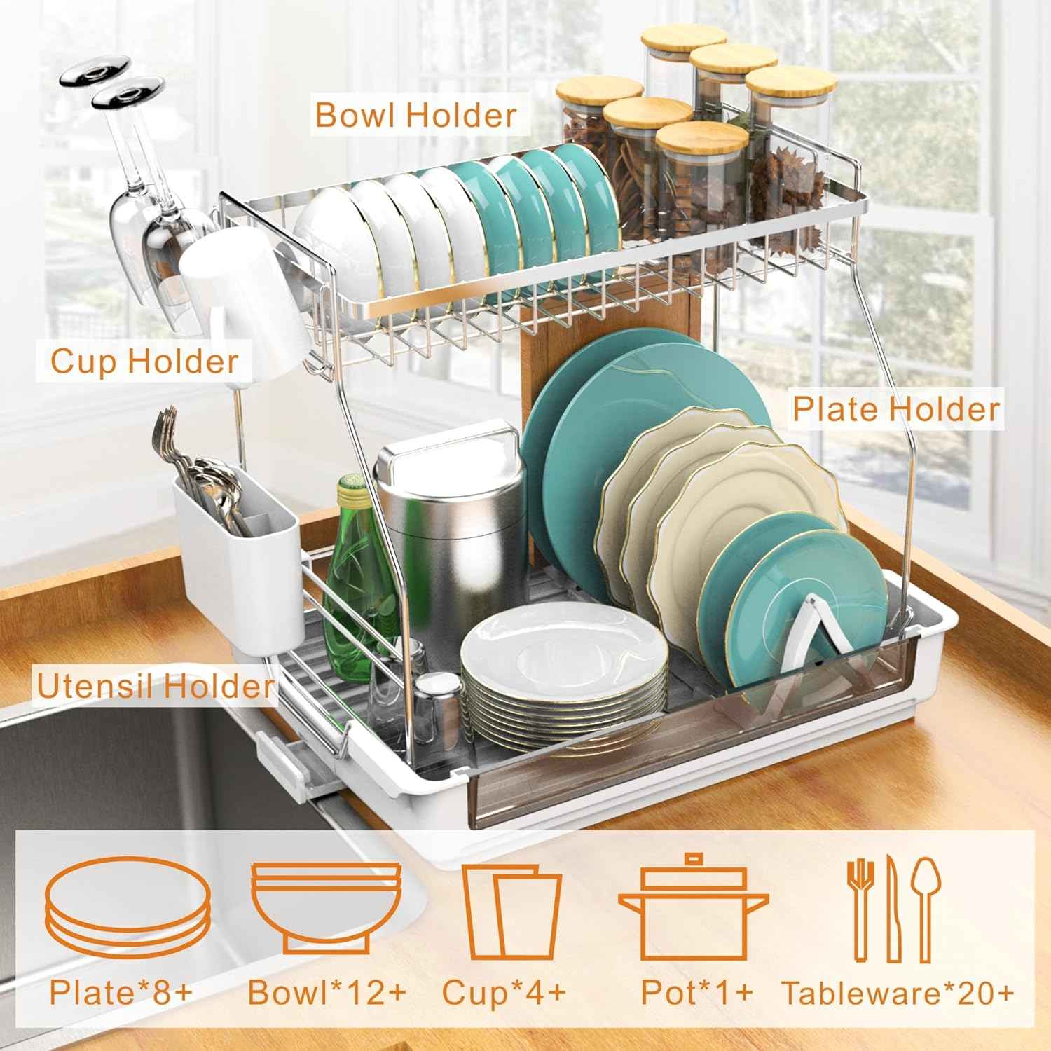 Rustproof Dish Drying Rack, 2 Tier Large Dish Rack,17.13"(L) x 13.2"(W) x 15.35"(H), Detachable Dish Drainer Organizer with Utensil Holder, Drainboard,White