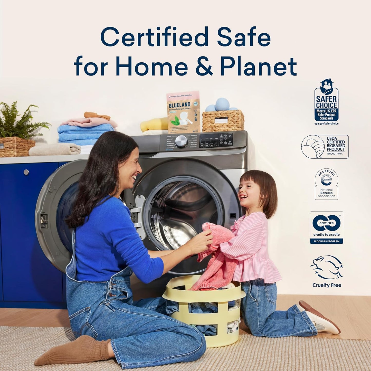 BLUELAND Laundry Detergent Tablets, 60 Count, Plastic-Free Eco-Friendly Pods, Sheets, Liquid Alternative - Fragrance Free and Clear, Natural, Gentle