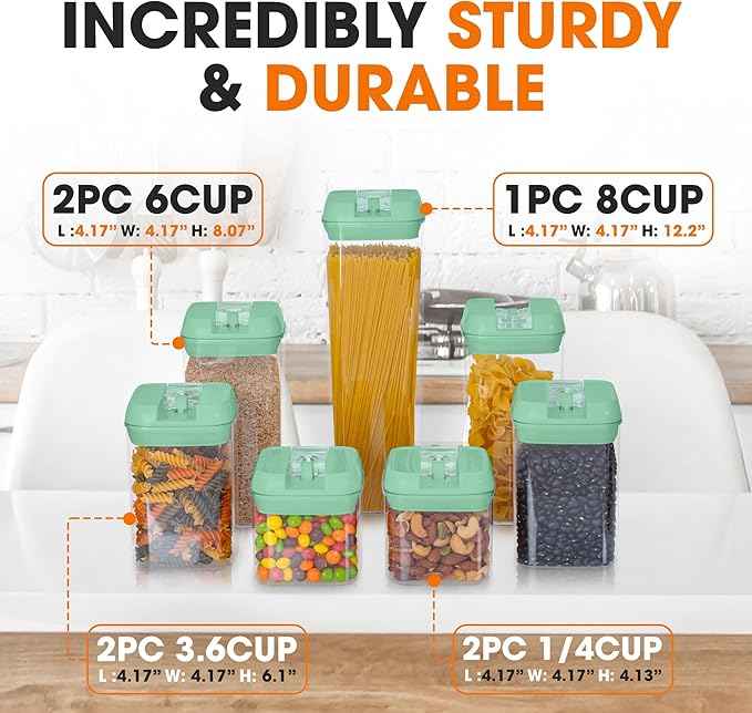 Cheer Collection Airtight Food Storage Containers, Kitchen Storage Containers for Pantry, Set of 7 Food Containers with Lids Airtight, Pantry Storage Containers & Organizers with Lids, Mint Green