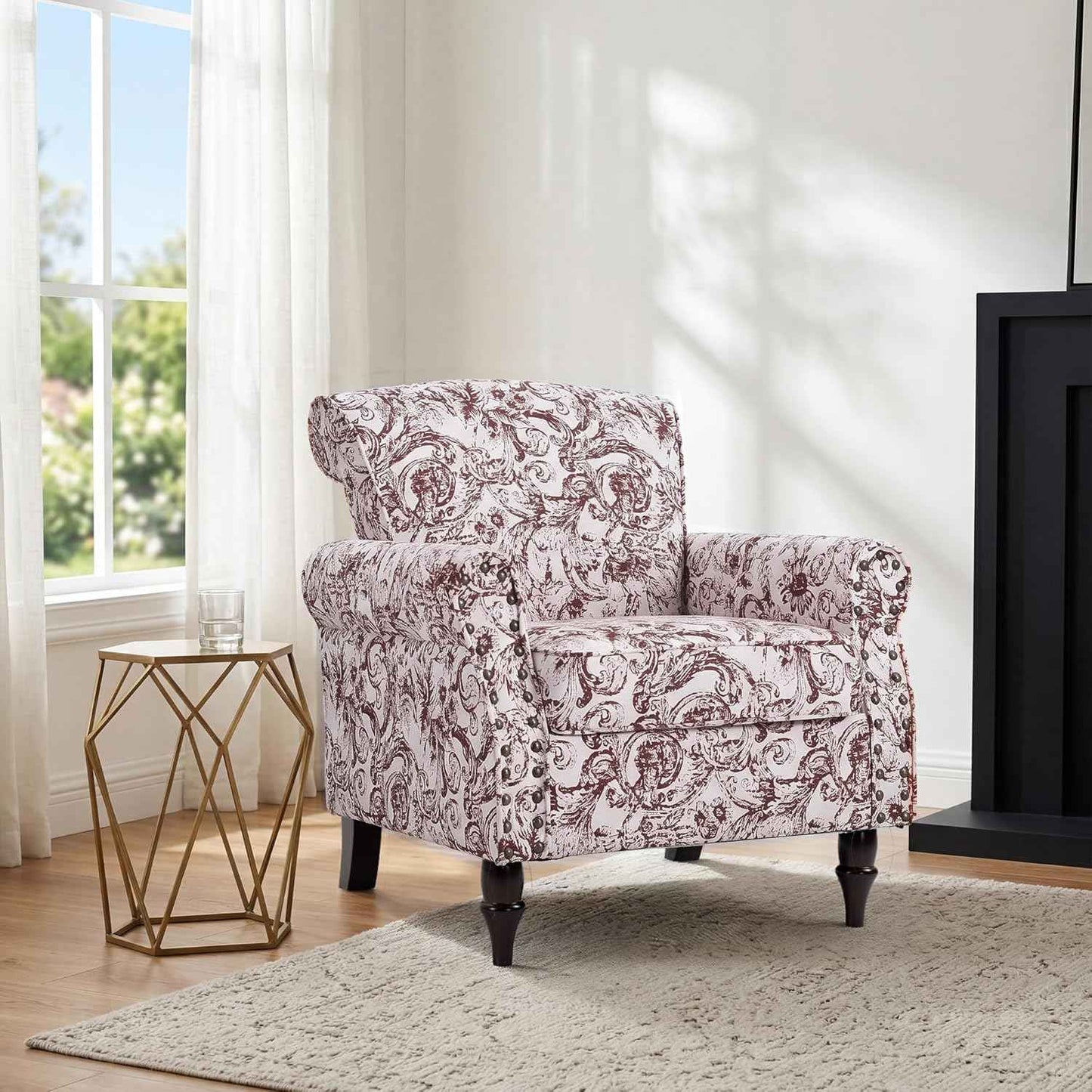 Accent Chair, Upholstered High Back Floral Armchair with Nailhead Trim & Wood Legs, Comfy Wingback Reading Single Sofa Chair for Small Spaces, Living Room, Bedroom (Rococo Black, Set of 1)