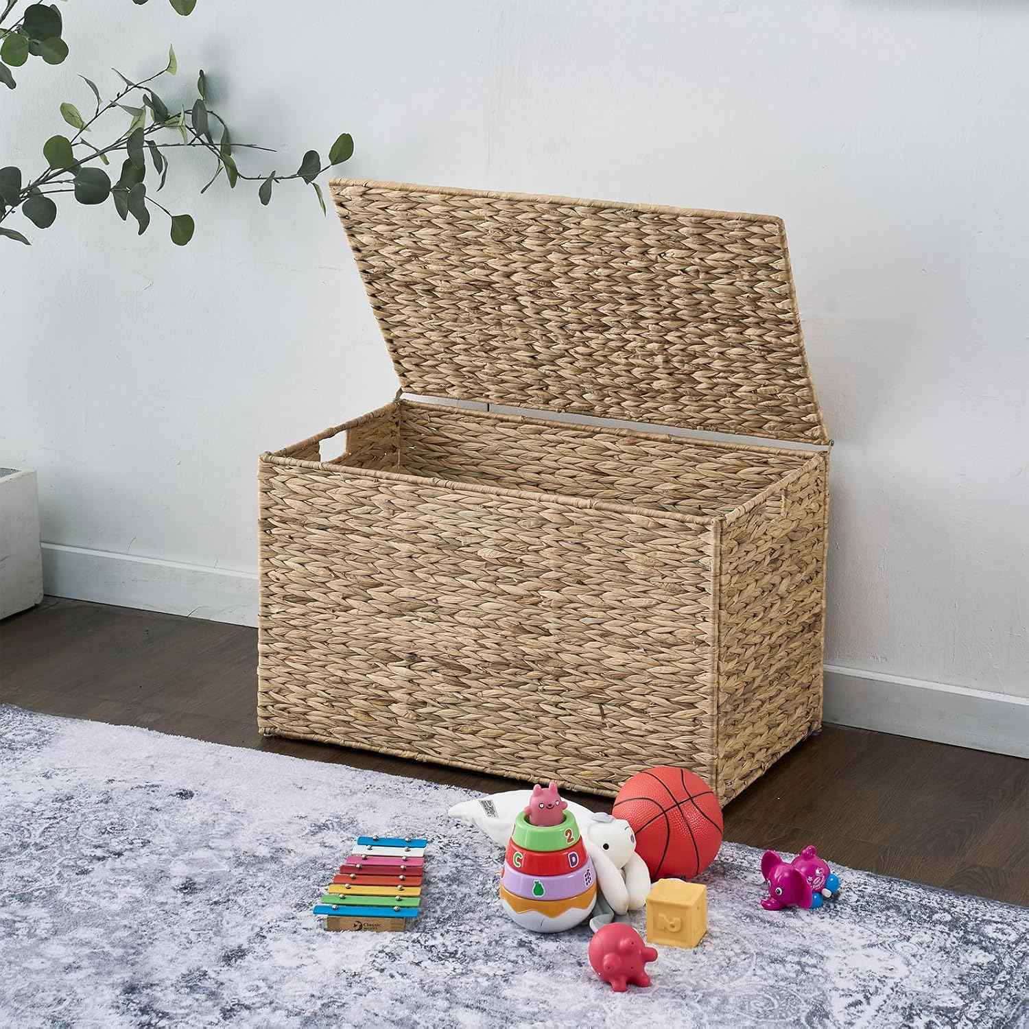 Water Hyacinth Storage Basket with Lid, 27.7 Gallon (105L) Blanket Storage Basket with Handles, Woven Storage Bin, Foldable, Metal Frame, for Bedroom, Laundry Room, Natural