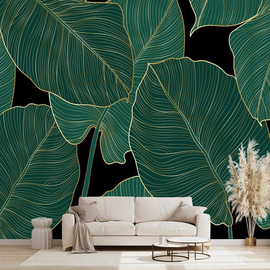 Black and Gold Leaf Mural Bedroom Tropical Green Botanical Wallpaper Room Plant Decor Living Room tv Background Large Wall Mural - 91"x65" (Not Peel and Stick)