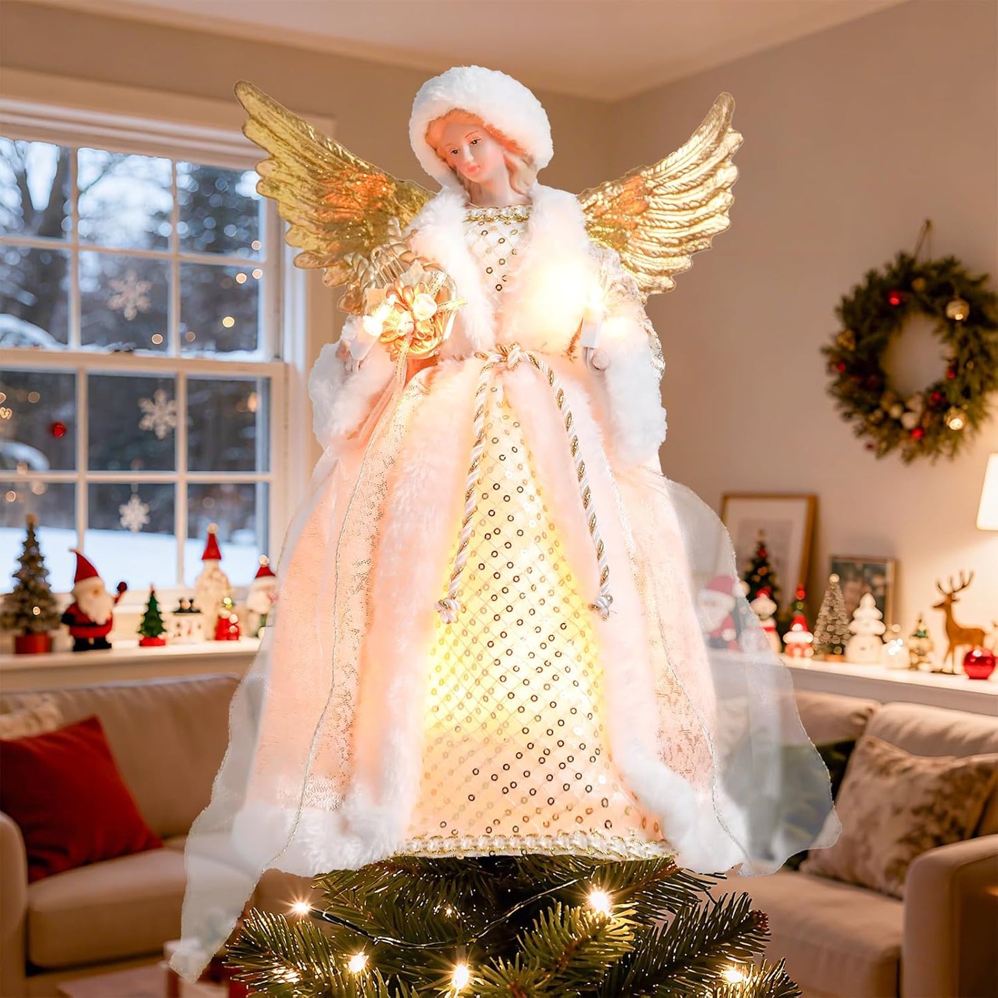 Angel Christmas Tree Topper with Lights, 12 Inch Lighted Angel Xmas Tree Toppers Decoration, Luxury White Fabric Angel Figurine Ornament for Christmas Tree Holiday Party Indoor Decor