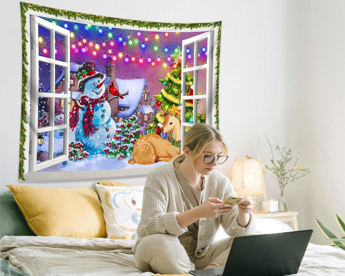 QGHOT Christmas Window Tapestry Wall Hanging, Christmas Backdrop Winter Window Wall Decor Xmas Snowman Deer Tapestries for Bedroom Living Room Dorm Holiday Party Decoration, Large
