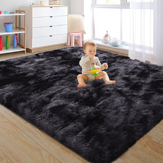 Rezutan Area Rugs 5x7 Living Room, Large Fluffy Rug for Bedroom, Soft Shag Shaggy Fuzzy Carpets for Boys and Girls Dorm Room Home Decor Aesthetic,Black Grey Tie-Dyed.