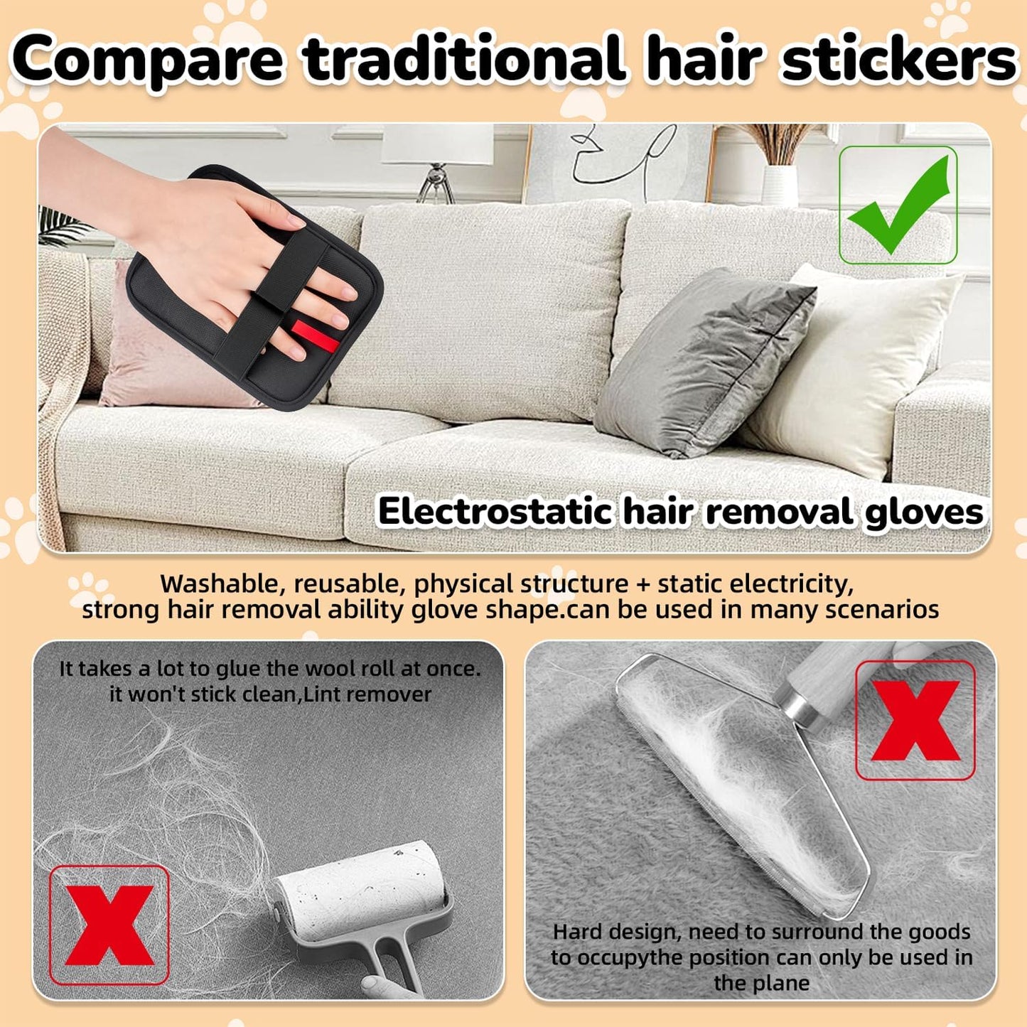 Pet Hair Remover, electrostatic pet Hair Removal Gloves, cat and Dog pet Hair Removal Tools, Suitable for Bed Sheets, Blankets, Clothes, Sofas, Multi-Functional Beauty Gloves -2 Piece