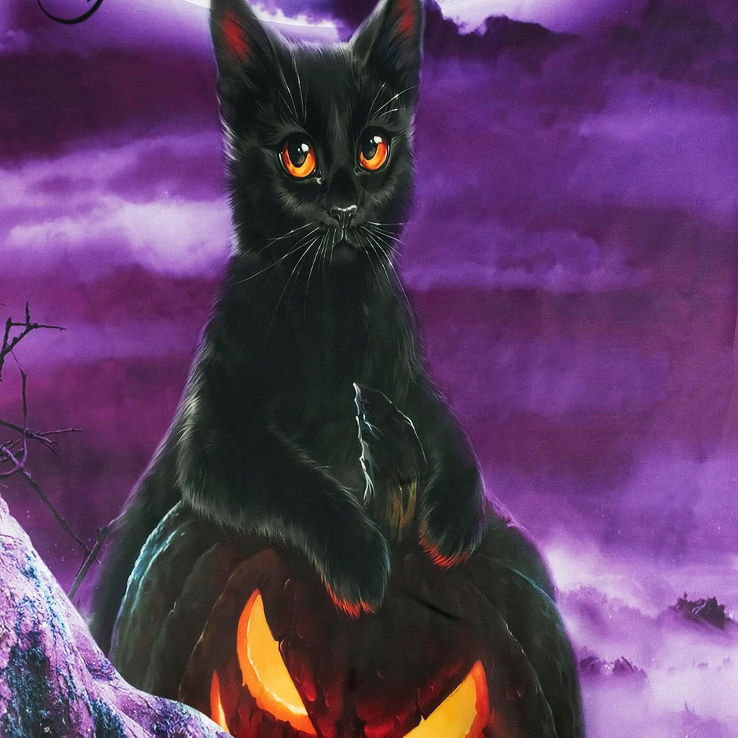 LB Halloween Wall Tapestry - Horror Witch Cat, Dead Tree, Pumpkin Lights With Spooky Graveyard - Purple Full Moon Over Misty Forest for Bedroom Living Room Dorm 48x36 Inch