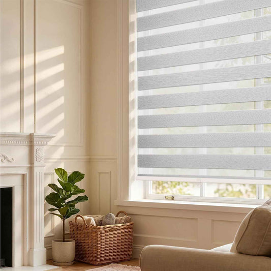 HESTIA Cordless Light Filtering Zebra Shades for Windows, Day Night Dual-Layer Linen-Look Woven Fabric Roller Shades, Privacy Light Control for Living Room/Home Office, Grey White, 47" W x 72" H