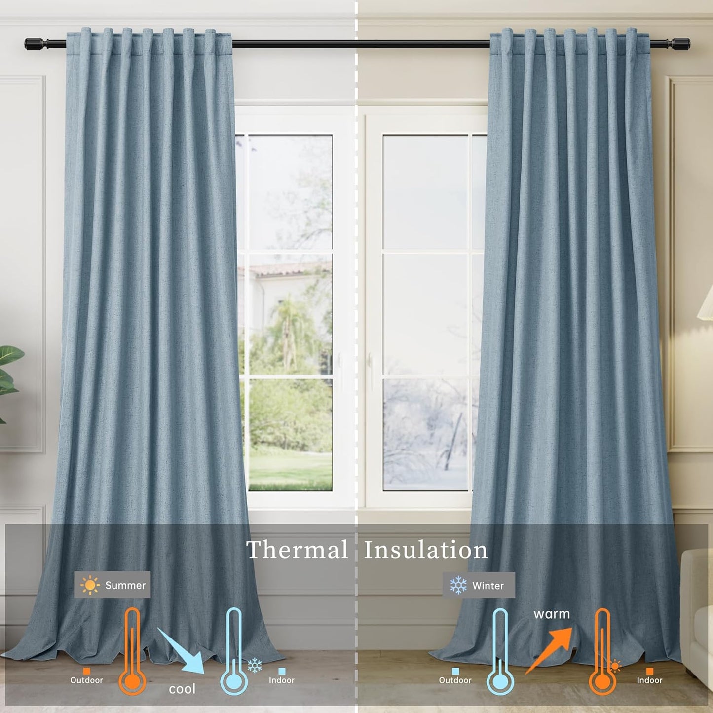 BOODII Room Darkening Curtains 96 Inches Long for Living Room Back Tab Blue Blackout Curtains Neutral Aesthetic Linen Textured Thermal Insulated Black Out Curtain Light Blocking Drapes Nursery 52x96