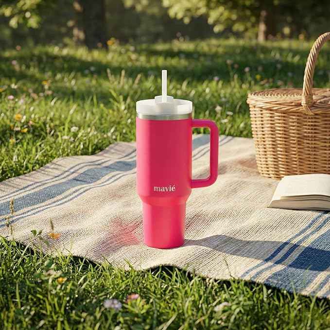 40oz Tumbler With Handle & Straw, Vacuum Insulated Stainless Steel Water Bottle With Leakproof Twist Sip Lid, Rubber Base, Dishwasher Safe, Cup Holder Friendly Travel Coffee Mug (Pink)