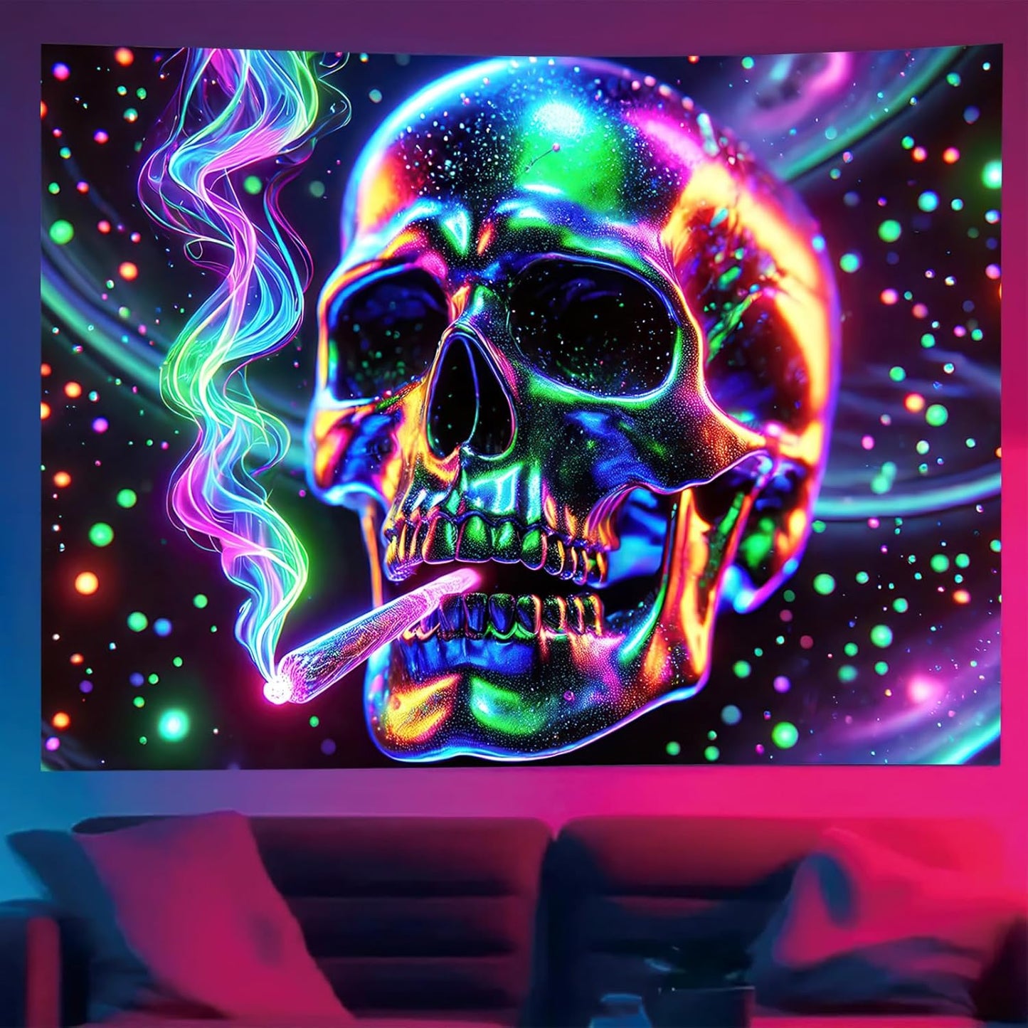 Starlit Patio Blacklight Skull Tapestry UV Reactive 78 x 59 Inch Glow In The Dark Tapestry Halloween Funny Skeleton Tapestries Posters Wall Hanging for for Bedroom Living Room Dorm