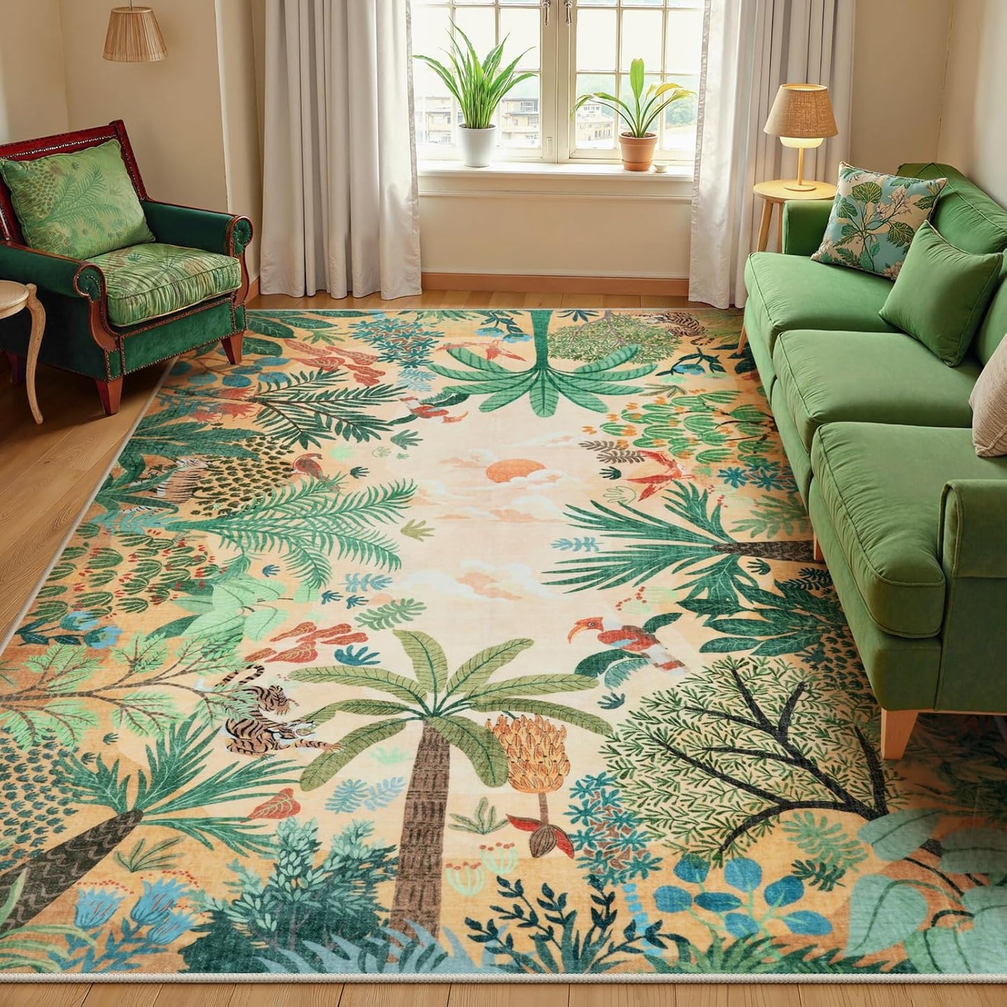 LIVEBOX Boho Jungle Animal Print 5 x 7 Area Rugs for Living Room, Soft Yellow Rug for Bedroom, Non-Slip Machine Washable Rugs for Dining Room Office, Kids Rugs for Playroom Sun Rug for Nursery Room