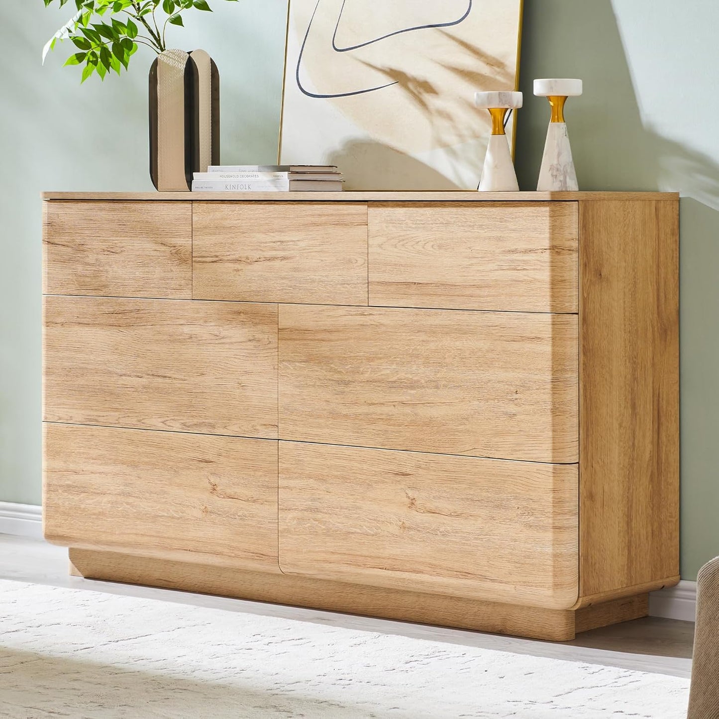 Modern 7 Drawer Dresser for Bedroom, 52" Wide Handleless Chest of Drawers, Large Push-to-Open Wood Storage w/Curved Profile, Dresser TV Stand for Bedroom, Living Room, Hallway, Natural Oak