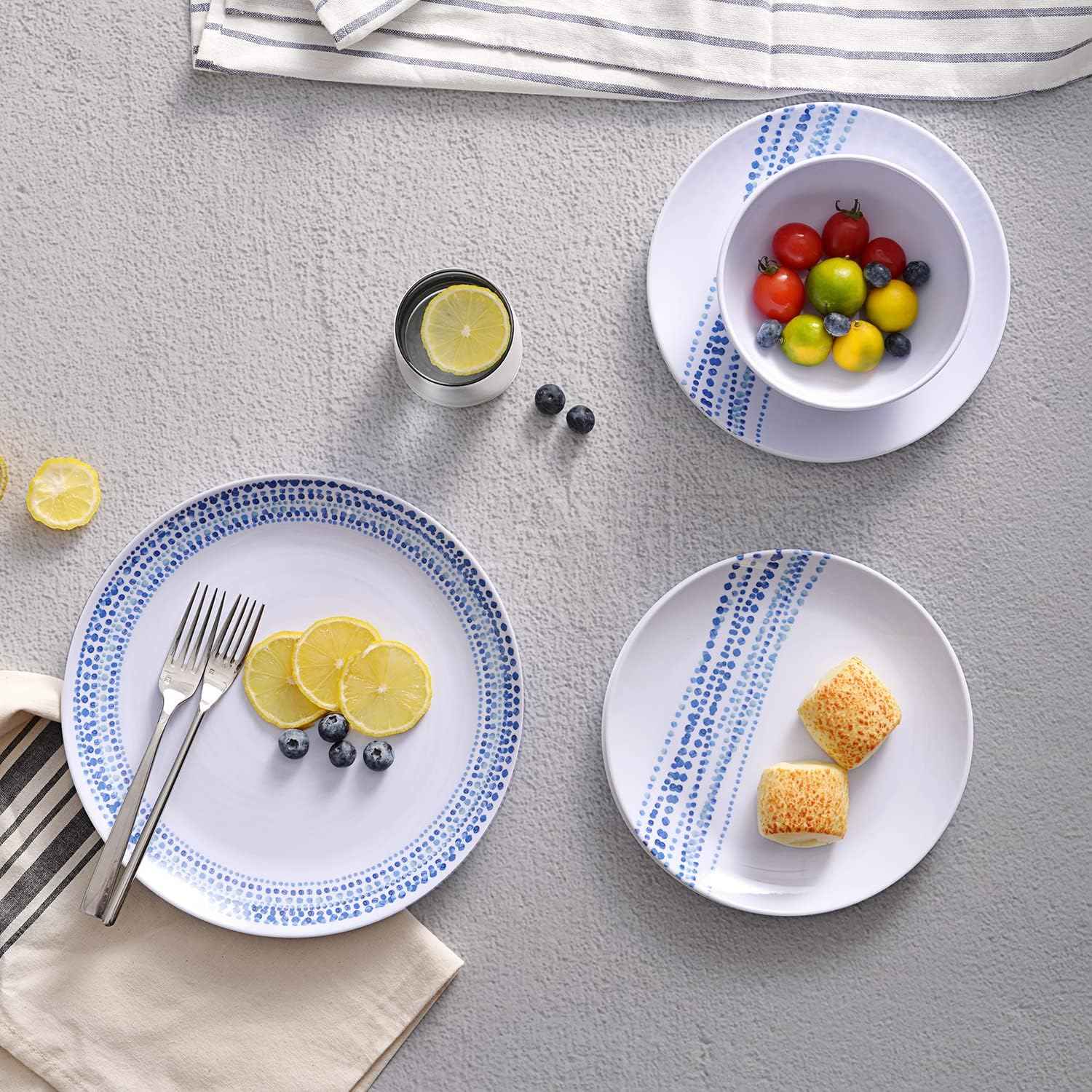 Melamine Dinnerware Sets, 12Pcs Plates and Bowls Sets Dinnerware Sets for 4, Unbreakable Dish Set for Indoor and Outdoor Use, Dishwasher Safe Raindrops Design