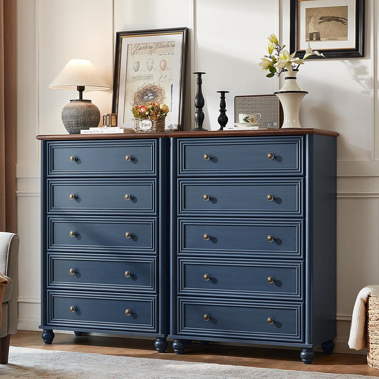 Farmhouse 5 Drawers Dresser for Bedroom, Wood 45" Tall Chest of Drawers, Dresser Rustic Storage Dressers Organizer with Metal Handle Closet for Living Room, Hallway Entryway