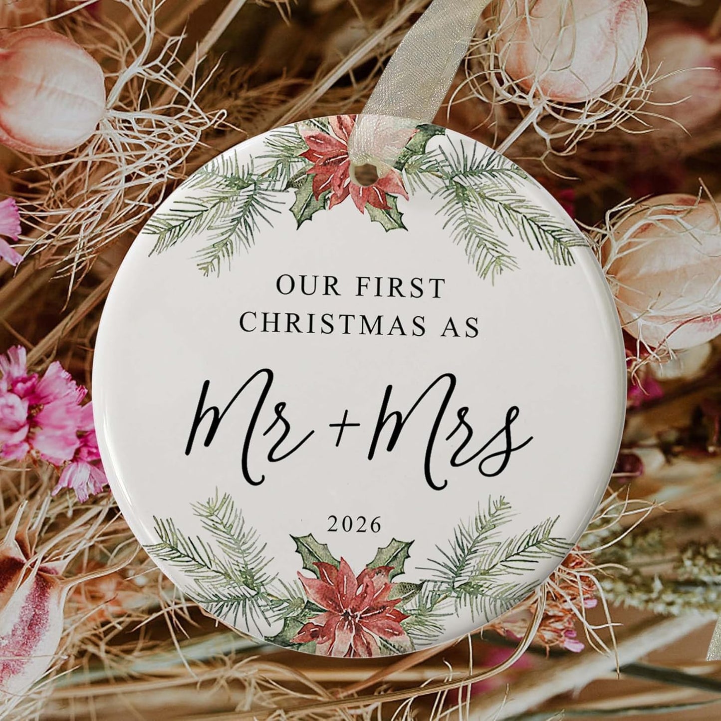 First Christmas as Mr and Mrs Ornament 2026,1st Year Wedding Ornament for Newlywed,Our First Married Christmas Ornament,Ceramic Hanging Decoration for Couples Just Married with Gift Box&Ribbon 2.9"