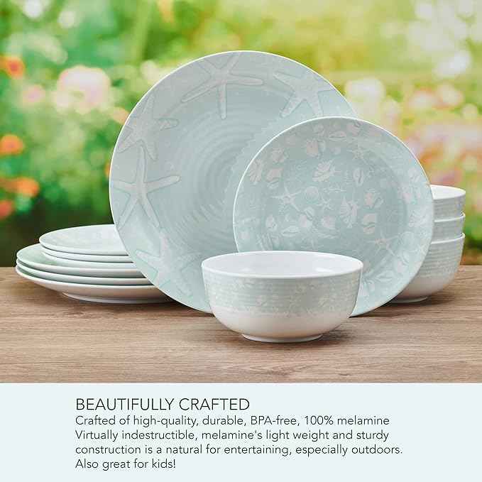 Pfaltzgraff Venice 12 Piece Outdoor Melamine Dinnerware Set, Service for 4,Teal