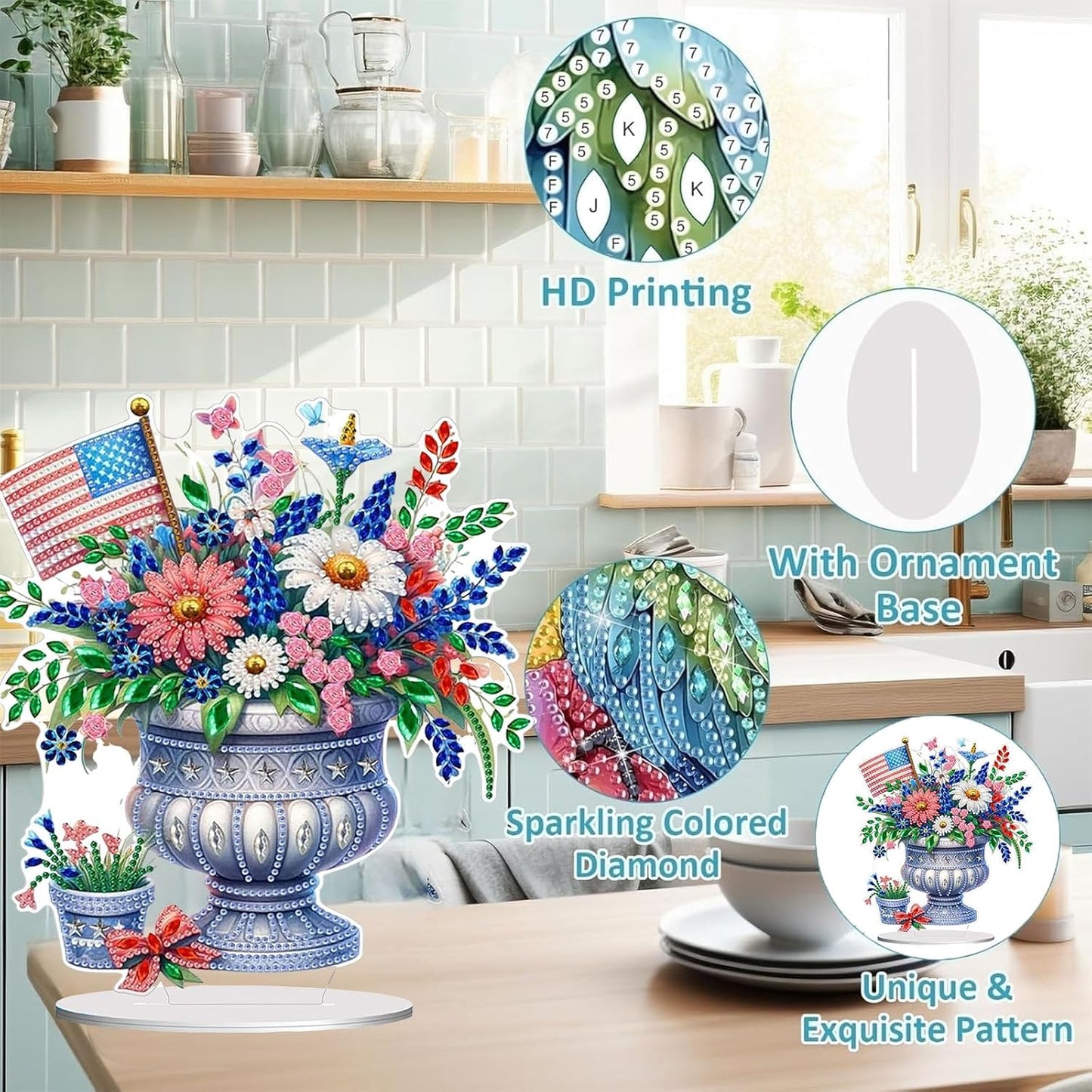 Diamond Painting Kits for Adults Beginners, 5D Full Drill Flowers Crystal Art Desktop Ornament, DIY Single Sided Home Office Desk Decor, Creative Craft Gift Set with Tools