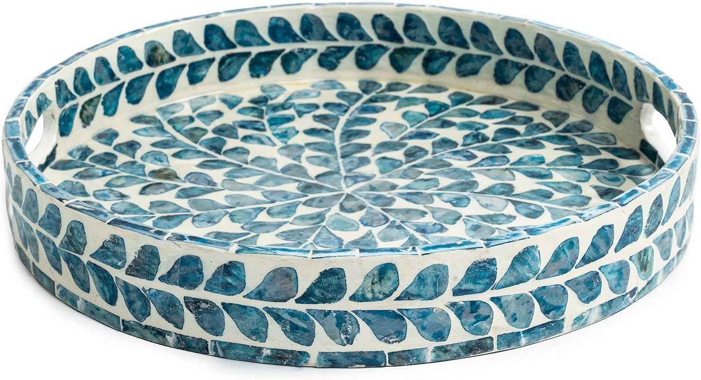 Serving Tray 12.5 Inch, Lacquer Mother of Pearl Inlay Mosaic Tray, Round Wooden Marble Tray with Handles Trays for Tea, Breakfast (Leaf Style)