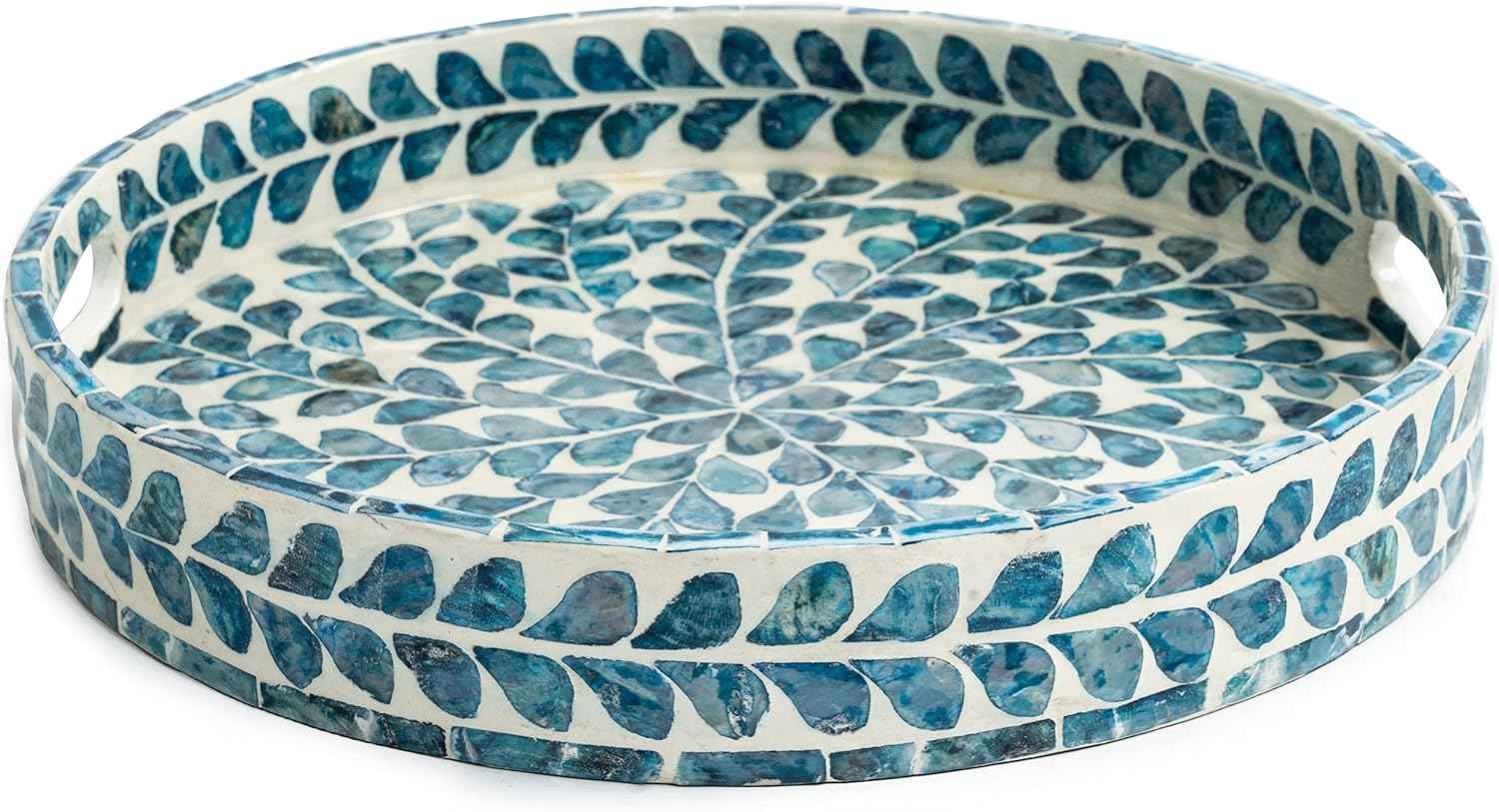 Serving Tray 12.5 Inch, Lacquer Mother of Pearl Inlay Mosaic Tray, Round Wooden Marble Tray with Handles Trays for Tea, Breakfast (Leaf Style)