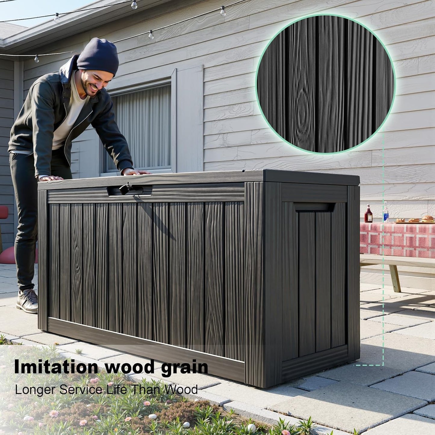 Vixzen 85 Gallon Resin Deck Box, Lockable Outdoor Storage Box for Patio Cushions Storage Furniture,Garden Tools, Pool Supplies, Weatherproof and UV Resistant