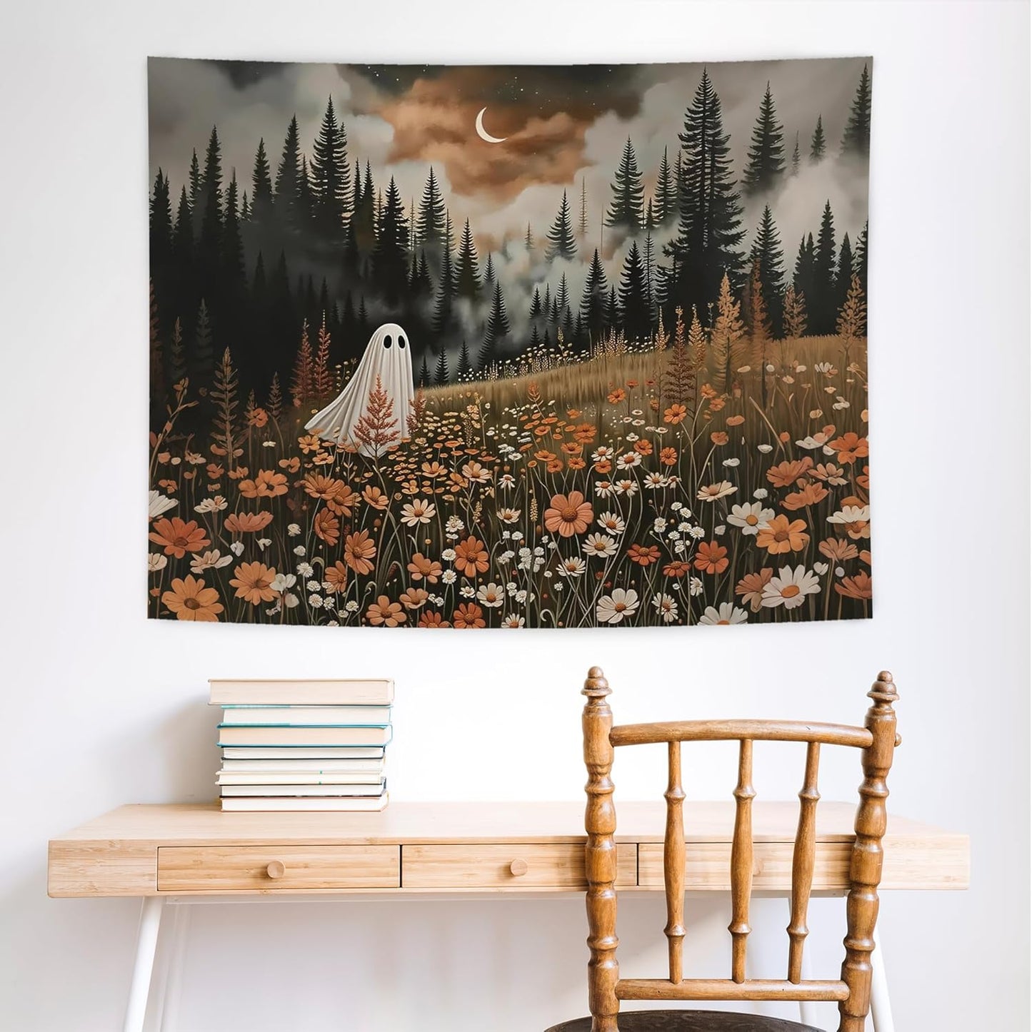 NATSUNO Halloween Tapestry, Halloween Spooky Ghost Wall Tapestry for Bedroom, Whimsical Enchanted Forest Flower Ghost Tapestries Wall Hanging for Home Living Room Decor, 50x60 Inches