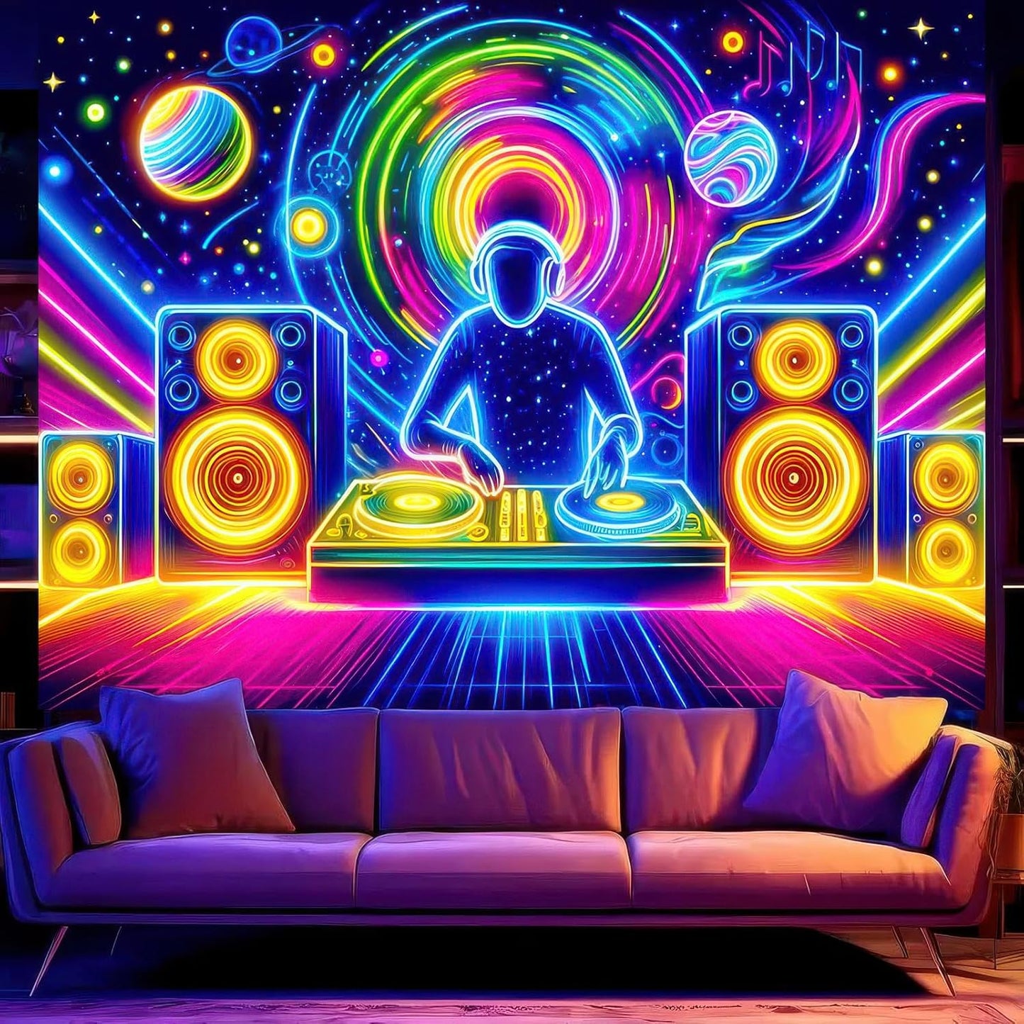 BlissYard Blacklight Tapestry Trippy UV Reactive Fantasy Wall Tapestry Psychedelic Neon Galaxy Space Black Light Tapestries Posters Wall Hanging for Backdrop Bedroom Dorm Living Room Decor 59X78 inch