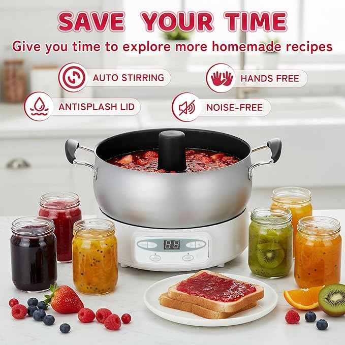 Automatic Jam and Jelly Maker 1000W, Electric Jam Jelly & Sauce Machine 2L Per Batch (≈4 x 16OZ), Electric Pot Stirrer Machine Non-Stick Self Stirring Pot BPA-Free, Replace Ball Fresh Jam Maker