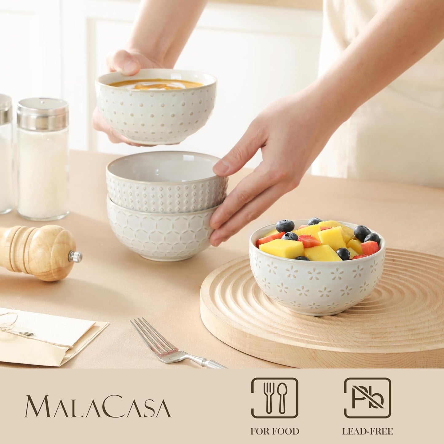 MALACASA Small Bowls, 14 Ounce Ice Cream Bowl, Stoneware Dessert Bowls Set of 4 with Embossment for Snack, Chip, Fruits, Side Dishes - 4.5 Inch, Arctic White Series LYDIA