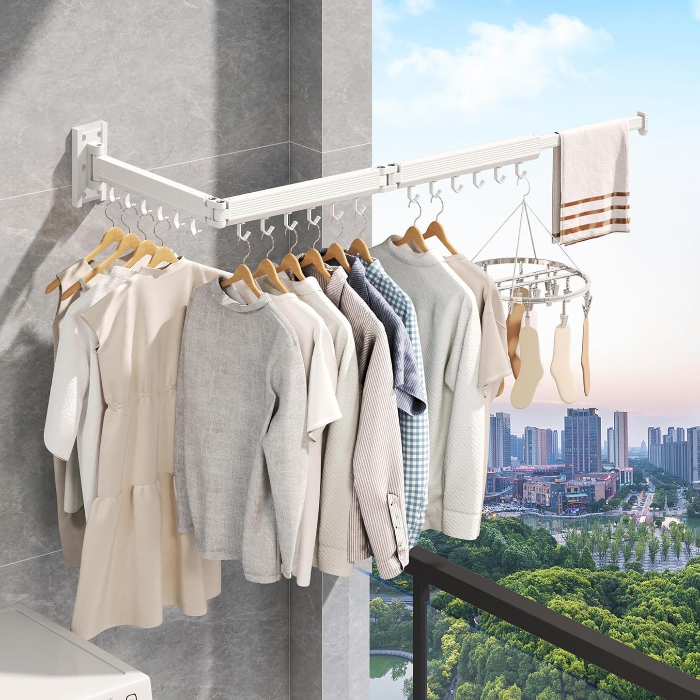 Laundry Rack Wall Mounted,Clothes Drying Rack,Drying Rack Clothing,Clothes Rack,Laundry Hanger Rack,Laundry Drying Rack,Drying Rack Wall Mounted,Retractable ,Collapsible,White Color（J-type Hooks）