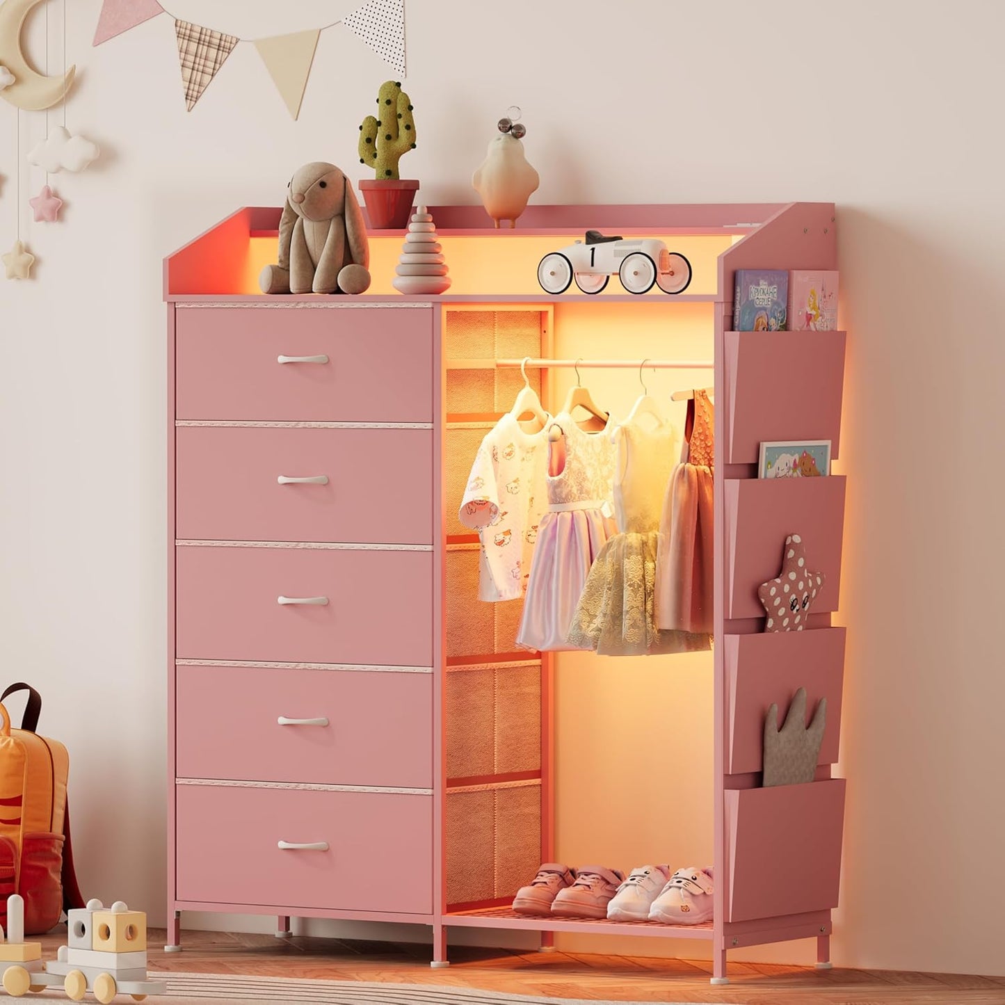 LUMTOK 2-in-1 Dresser with Hanging Racks,5 Fabric Drawers Dressers with LED Lights, Charging Station for Bedroom Living Room, Entryway, Closets (Pink)