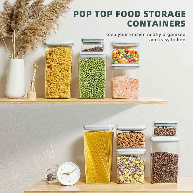 Airtight Food Storage Containers with Lids - 10PCS Stackable Modular Pantry Organization and Storage Set for Flour, Spaghetti & Cereal - Clear Kitchen Canisters with Measurement Scales
