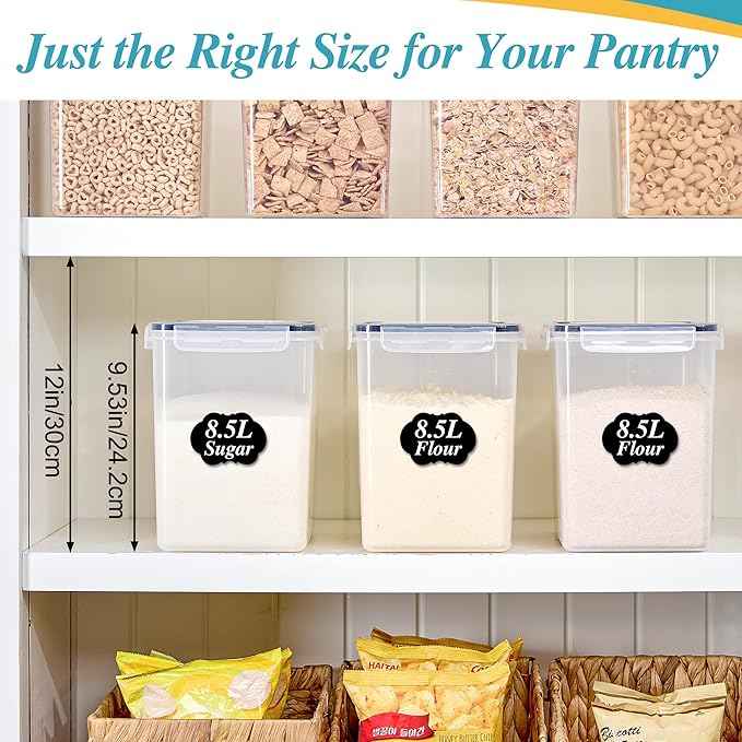 Vtopmart 8.5L 2 Pack Extra Large Flour Sugar Storage Containers for 20lbs flour, Airtight Kitchen Pantry Organization Canisters with Lids for Bulk food, Rice, Baking Supplies, BPA Free, Black