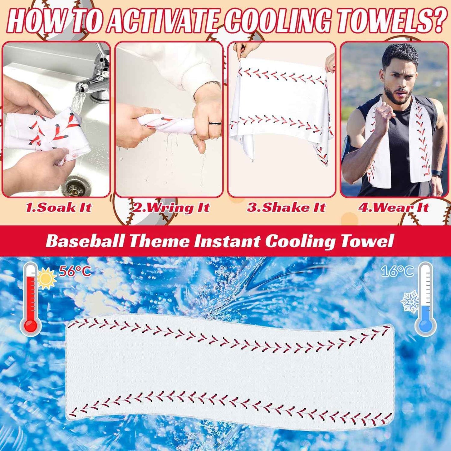 Denylo pro 3 Sets Baseball Cooling Towels Breathable Chilly Towel with Plastic Container Ice White Sports Microfiber Towels or Baseball Player Team Coach Party Favors