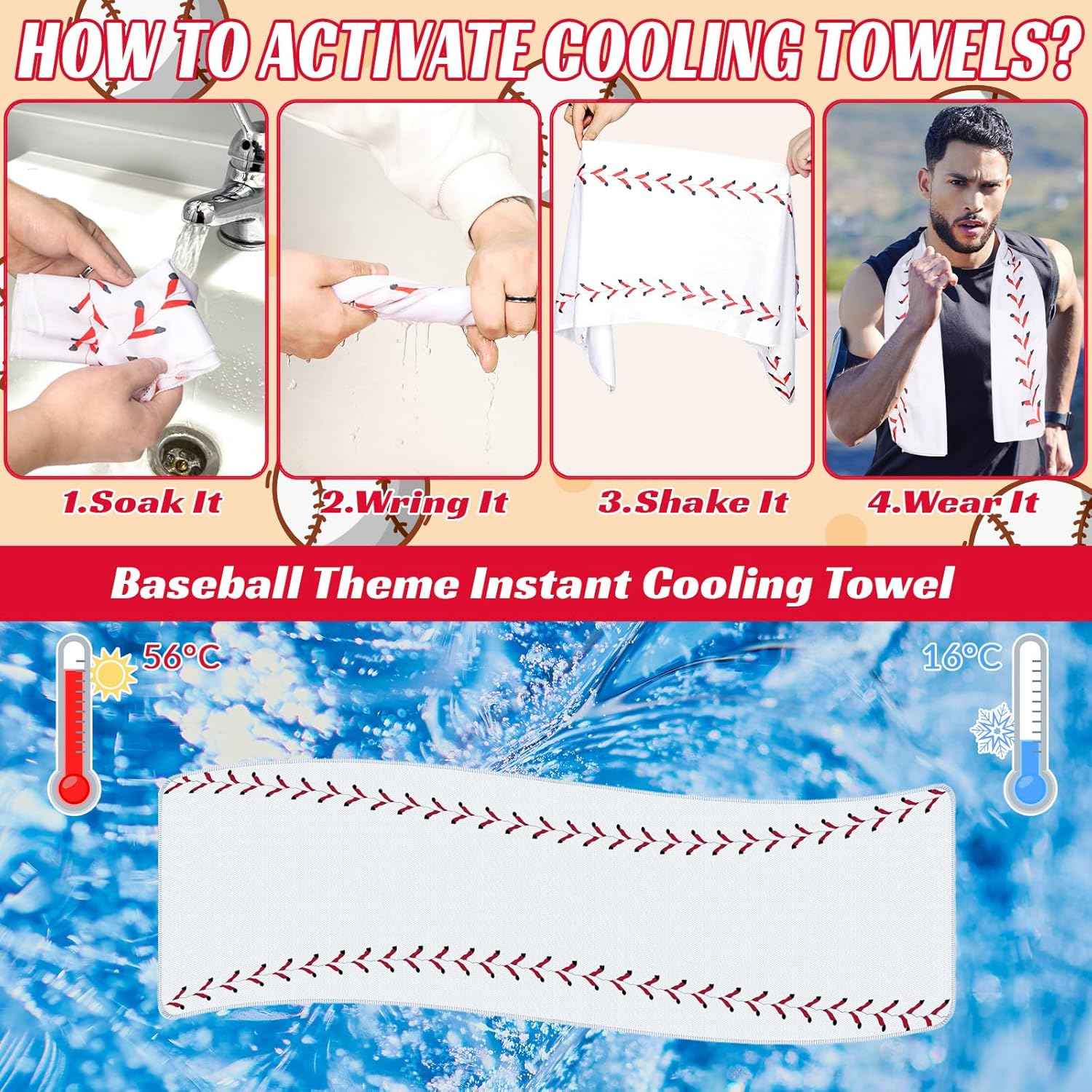 Denylo pro 3 Sets Baseball Cooling Towels Breathable Chilly Towel with Plastic Container Ice White Sports Microfiber Towels or Baseball Player Team Coach Party Favors