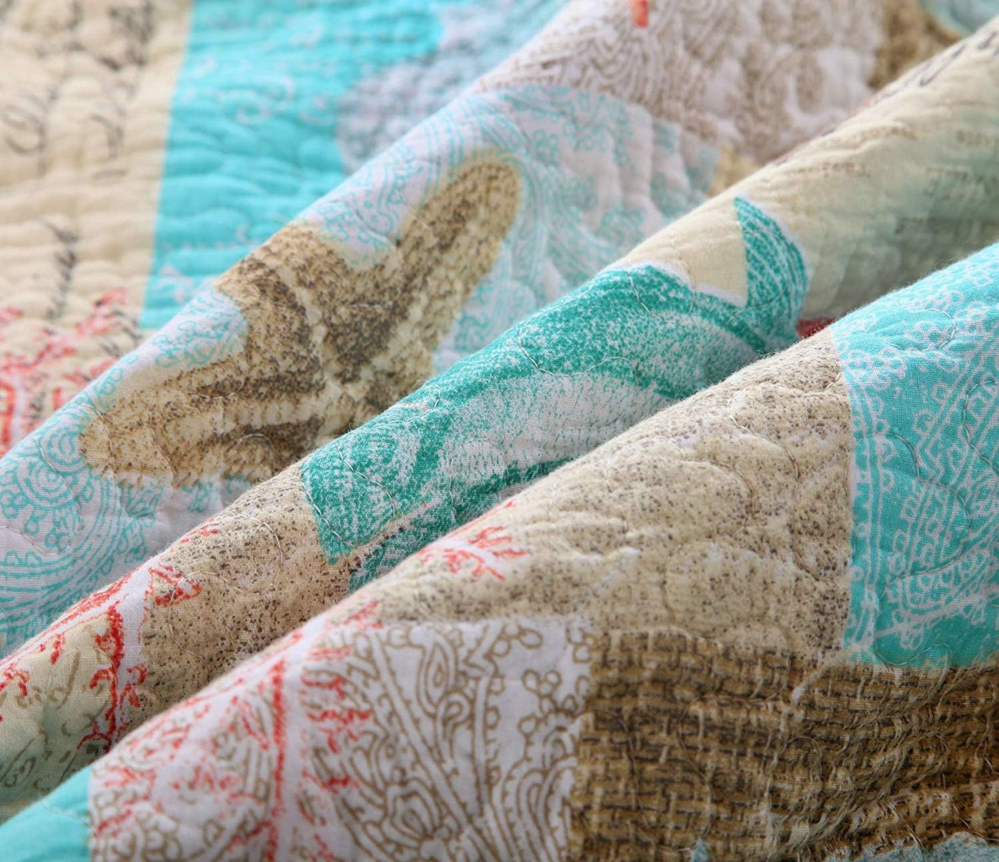 YAYIDAY Quilts Queen Size Bedspread Set - 100% Cotton Reversible Breathable Star Fish Coral Shell Style Quilted Quilt with Pillow Shams for All Seasons